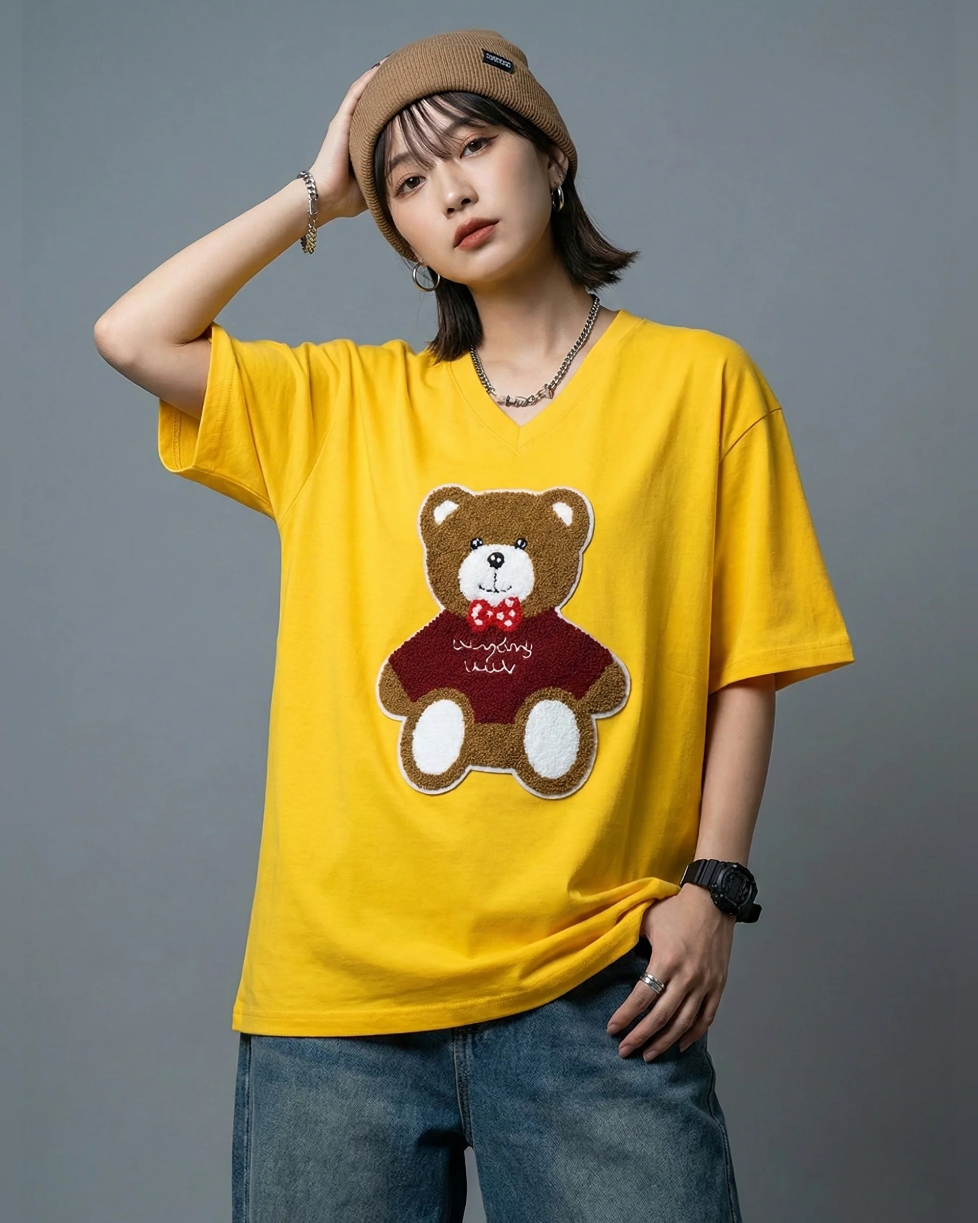Coco Bear Embroidered Patched Oversized V-Neck Tee Yellow