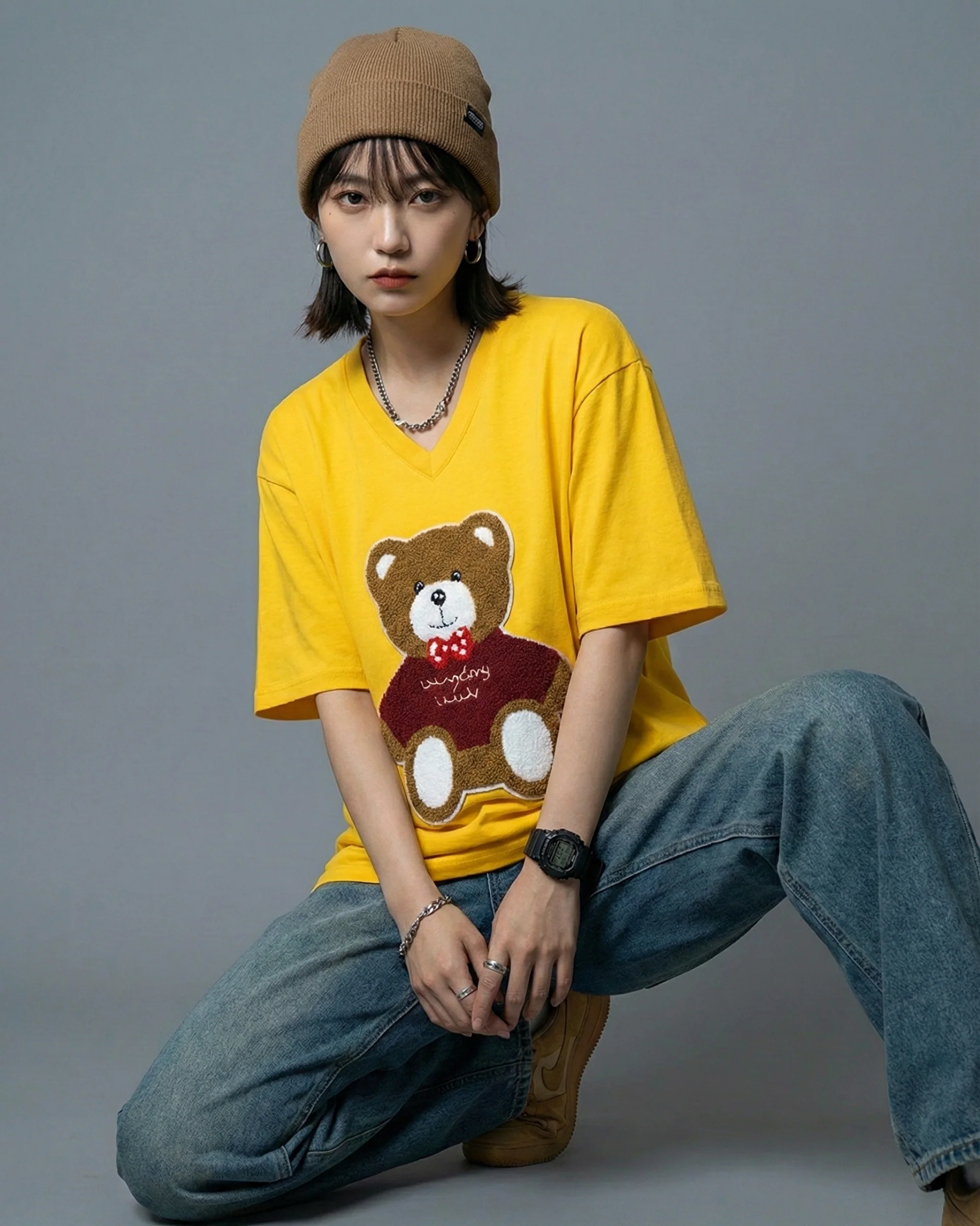Coco Bear Embroidered Patched Oversized V-Neck Tee Yellow - Image 2