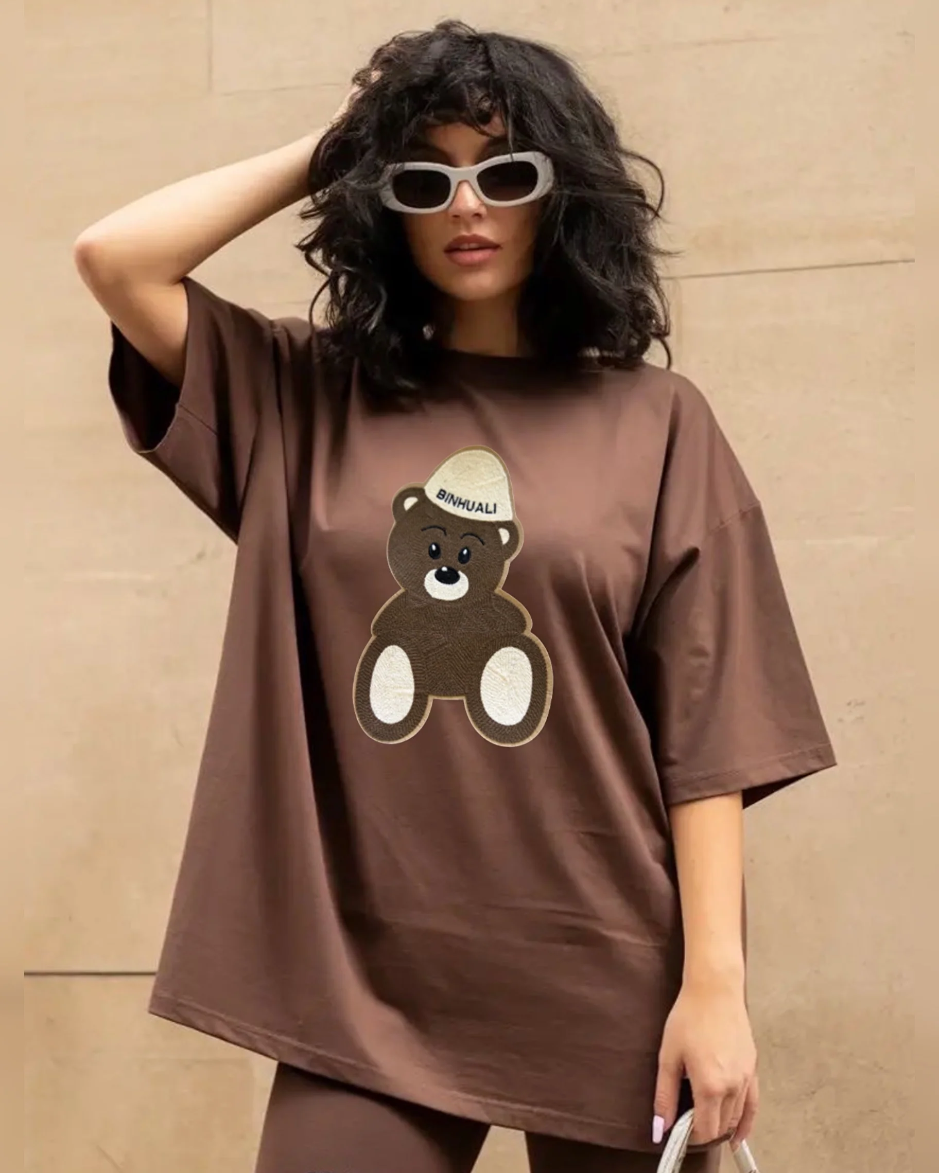Binhuali Bear Embroidered Patched Drop Shoulder Oversized Tee Brownie - Image 2
