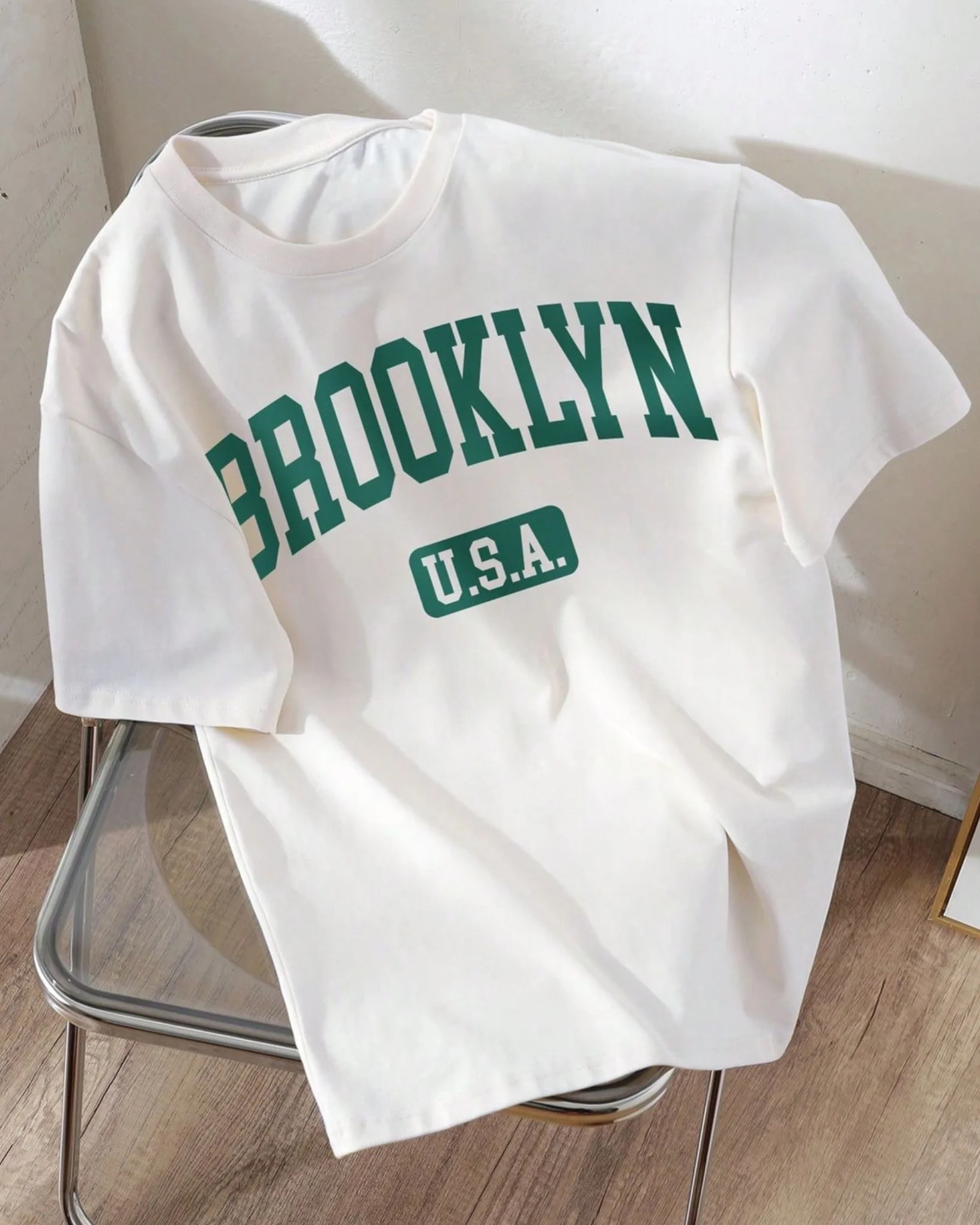 Brooklyn USA Graphic Drop Shoulder Oversized T-shirt White - Image 2