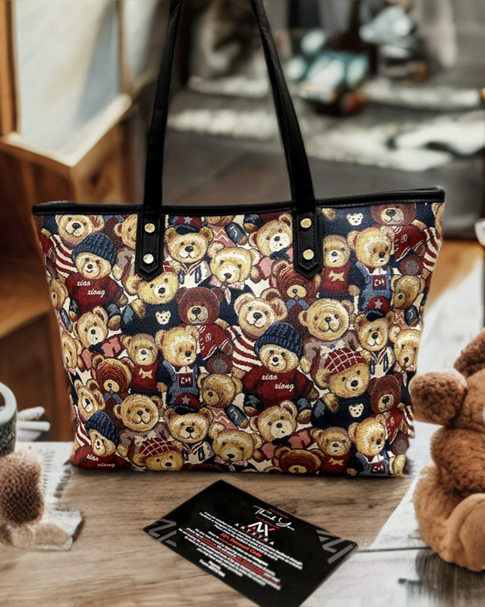 Brown Bear Pattern PU Leather Tote Hand Bag - Image 4