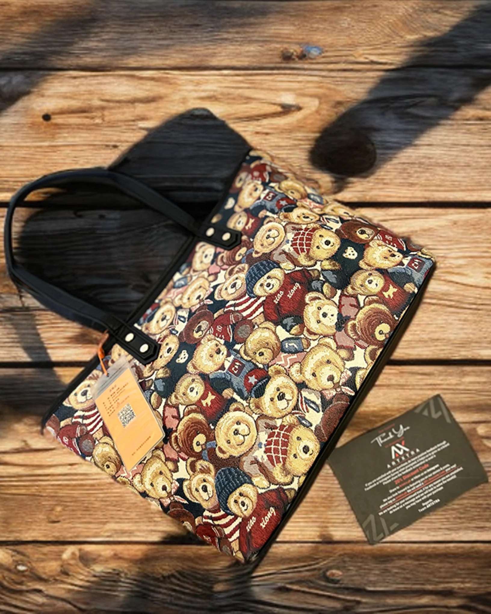 Brown Bear Pattern PU Leather Tote Hand Bag - Image 5