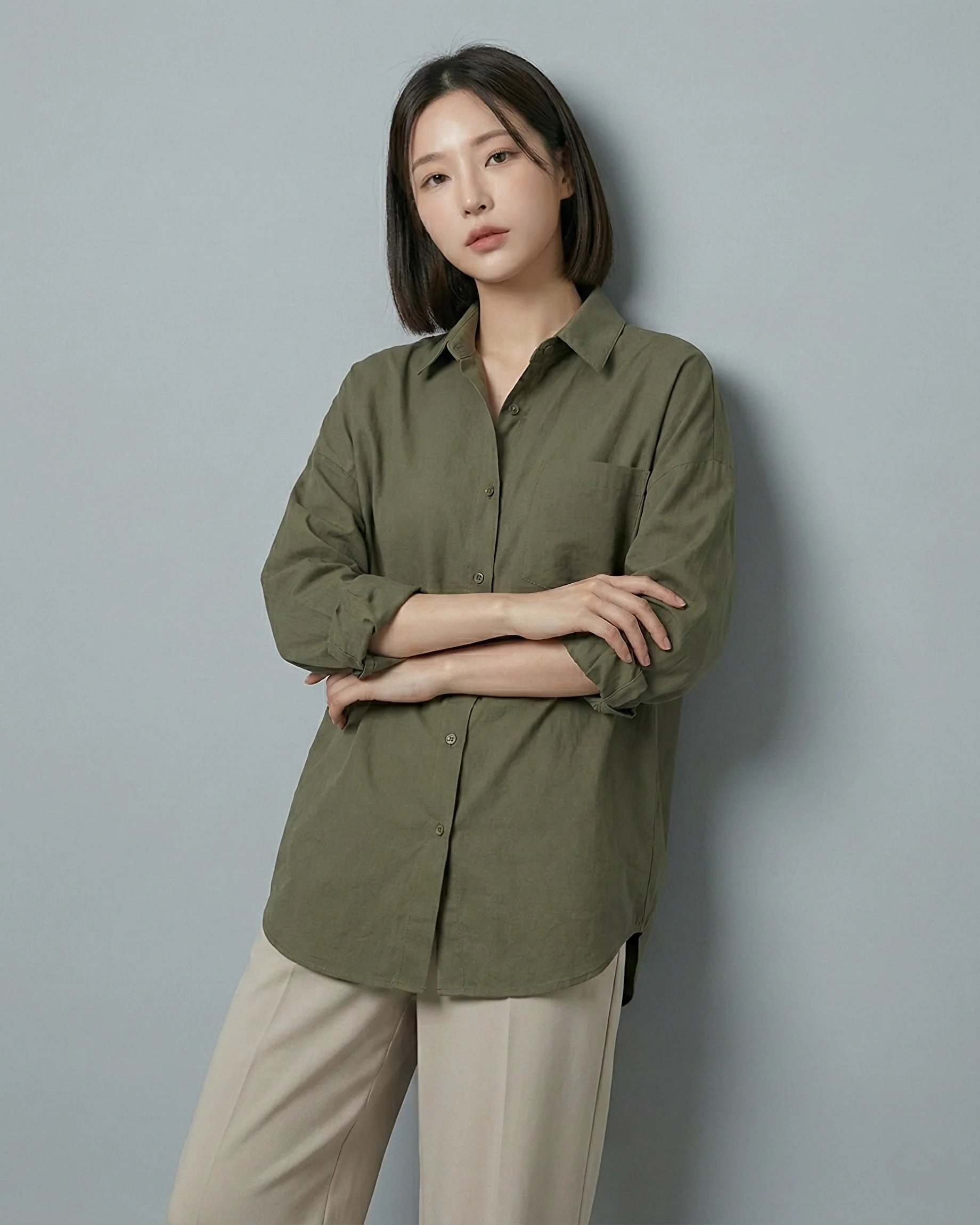 Button Up Olive Green Oversized Shirt - Image 2