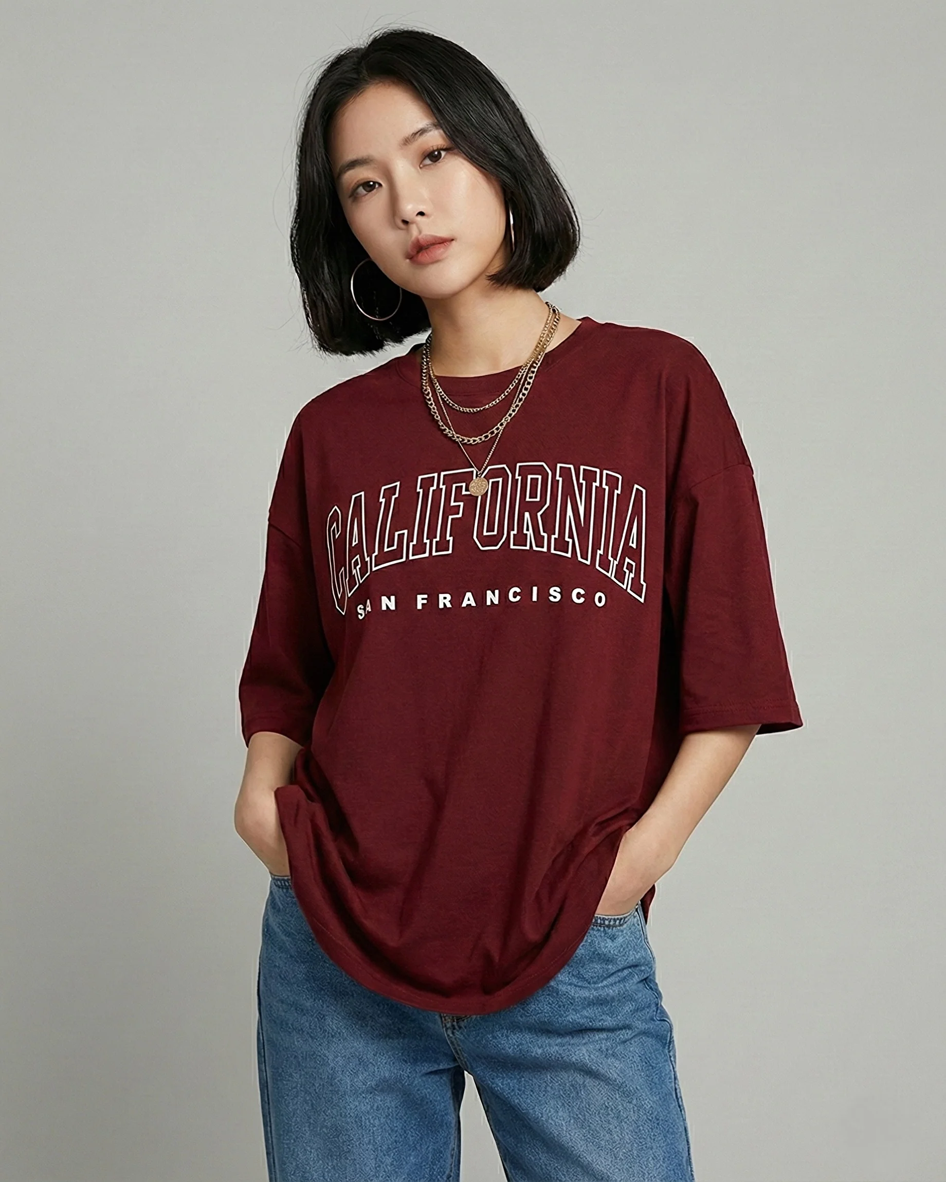 California Graphic Drop Shoulder Oversized Tee Mahroon