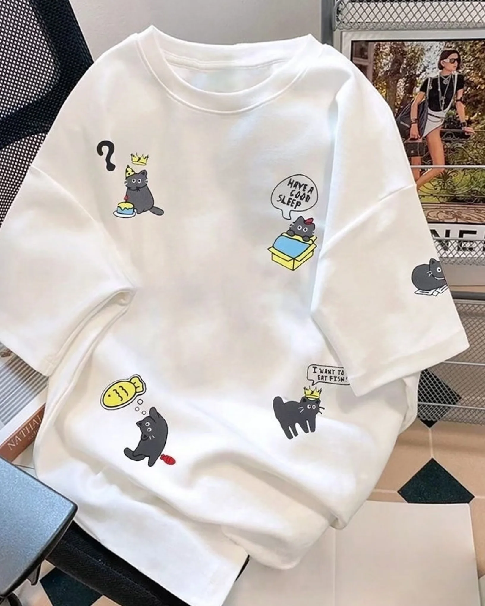 Cat Thoughts Graphic Drop Shoulder Oversized T-shirt - Image 2