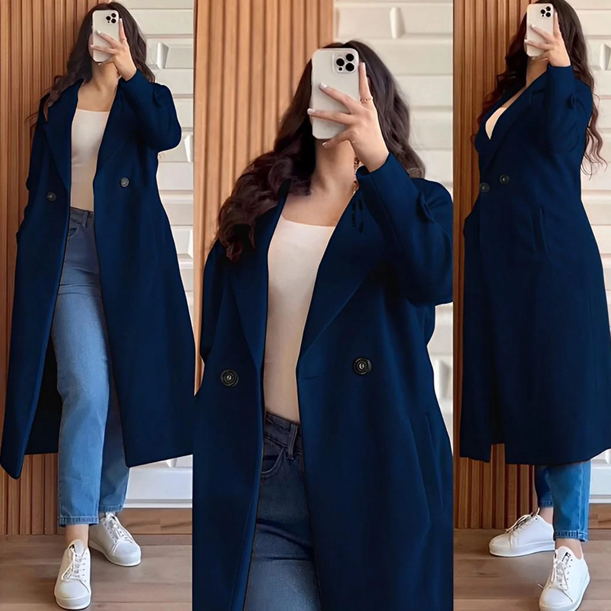 Classic Old Money Chic Long Coat Navy - Image 2
