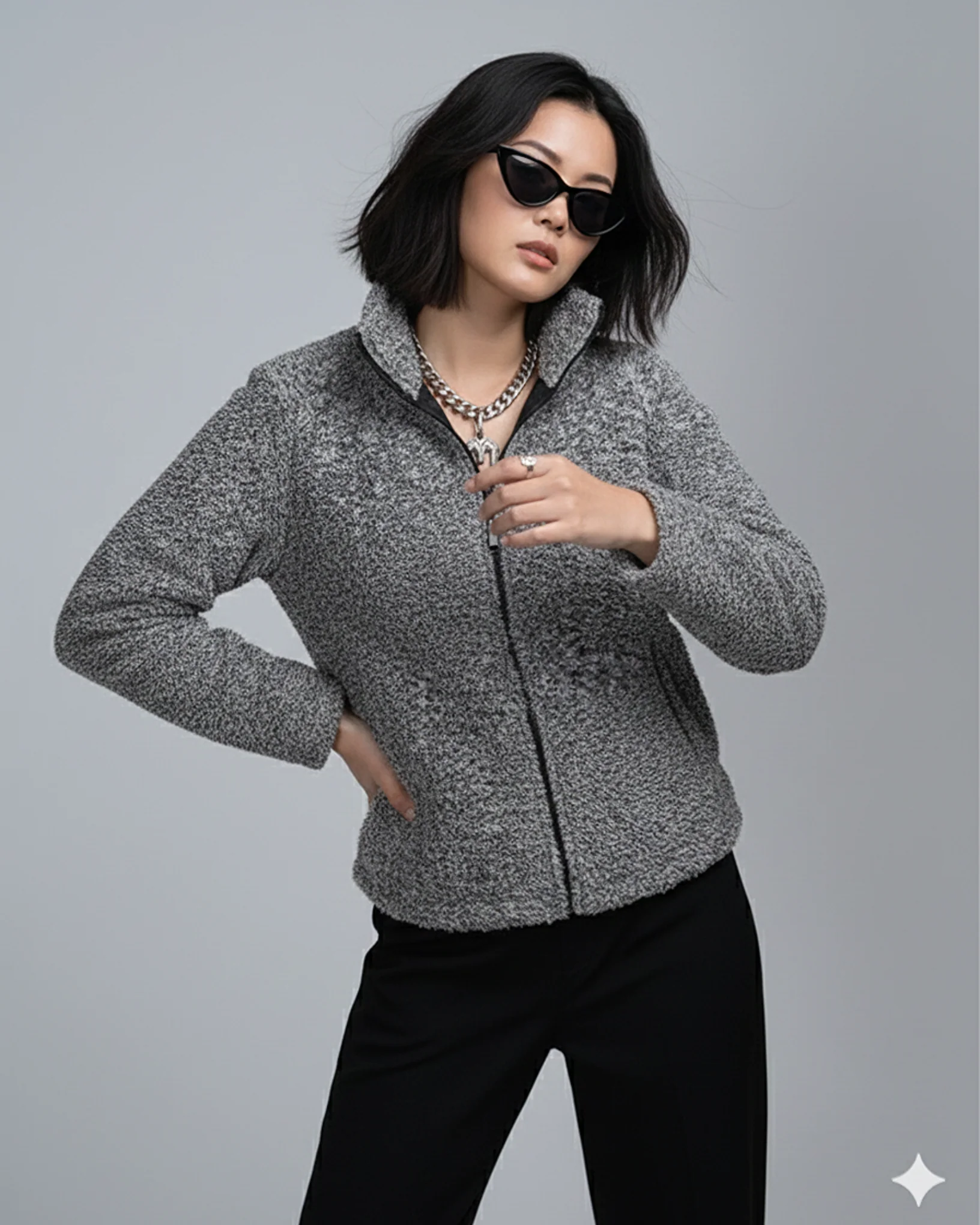 Classic Tweed Woolen Sherpa Jacket Grey - Image 2