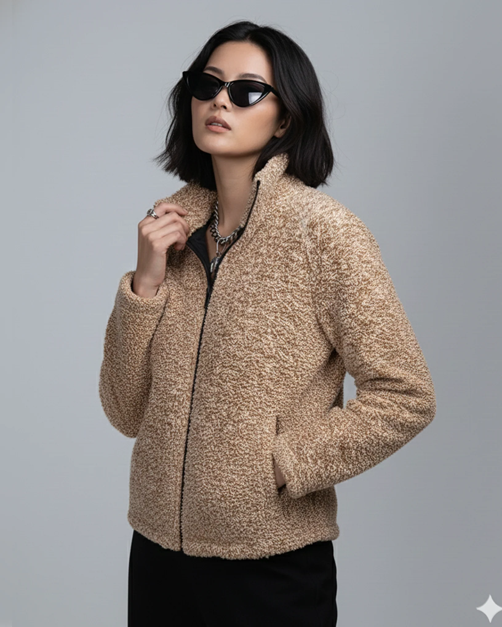 Classic Tweed Woolen Sherpa Jacket Bronze - Image 2