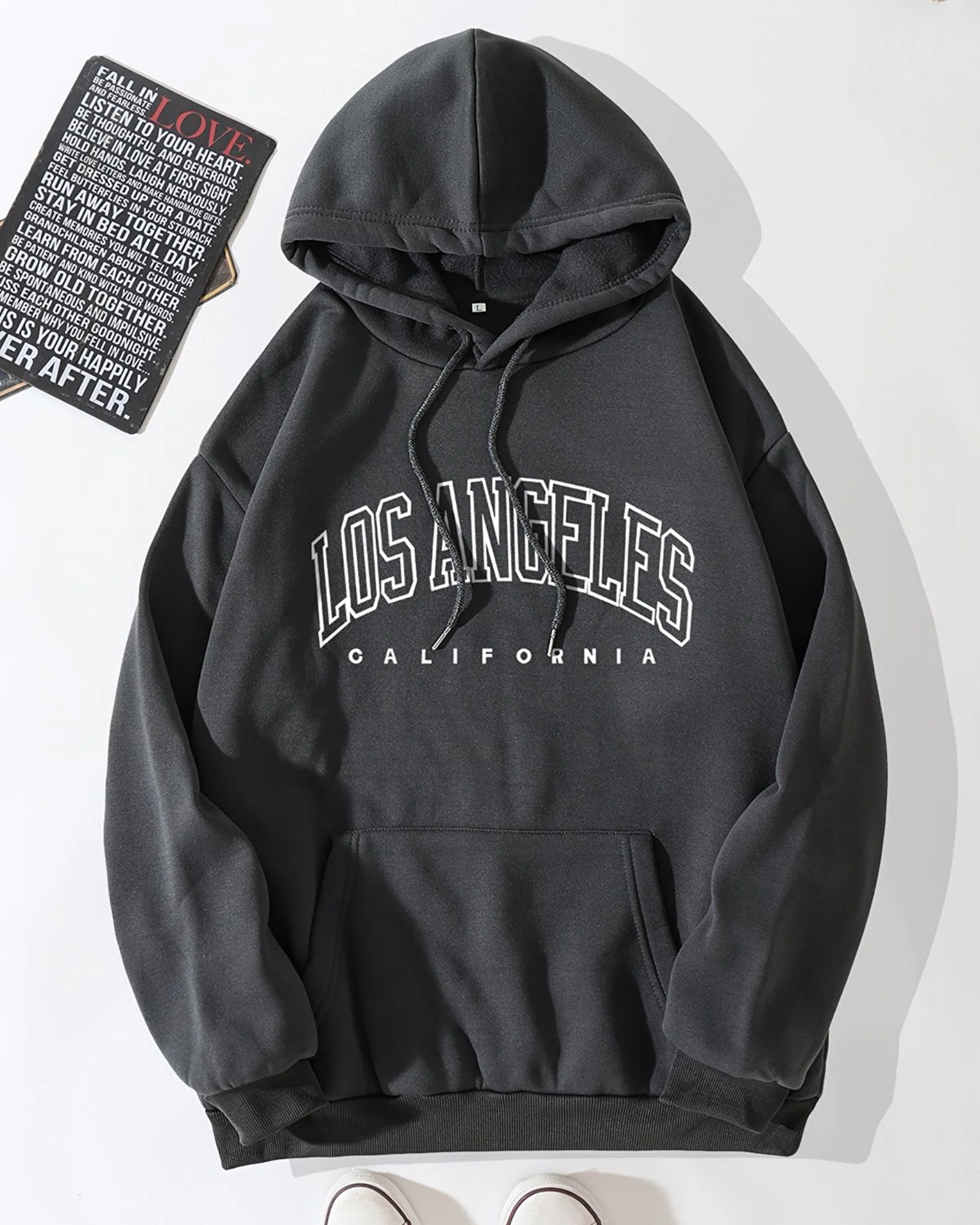 Los Angles Graphic Oversized Pullover Hood Dark Grey - Image 2