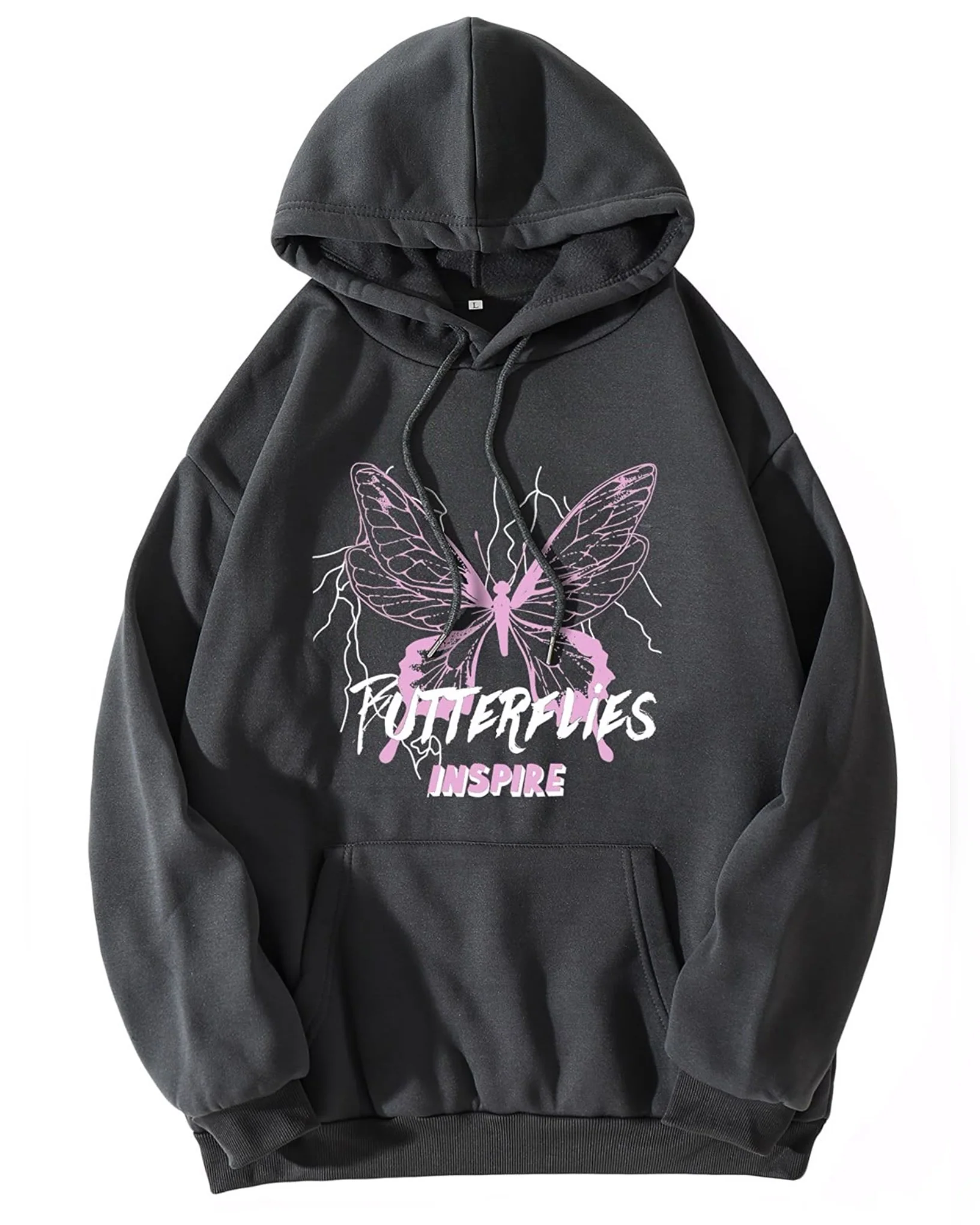 Butterflies Inspire Graphic Oversized Pullover Hood Dark Grey