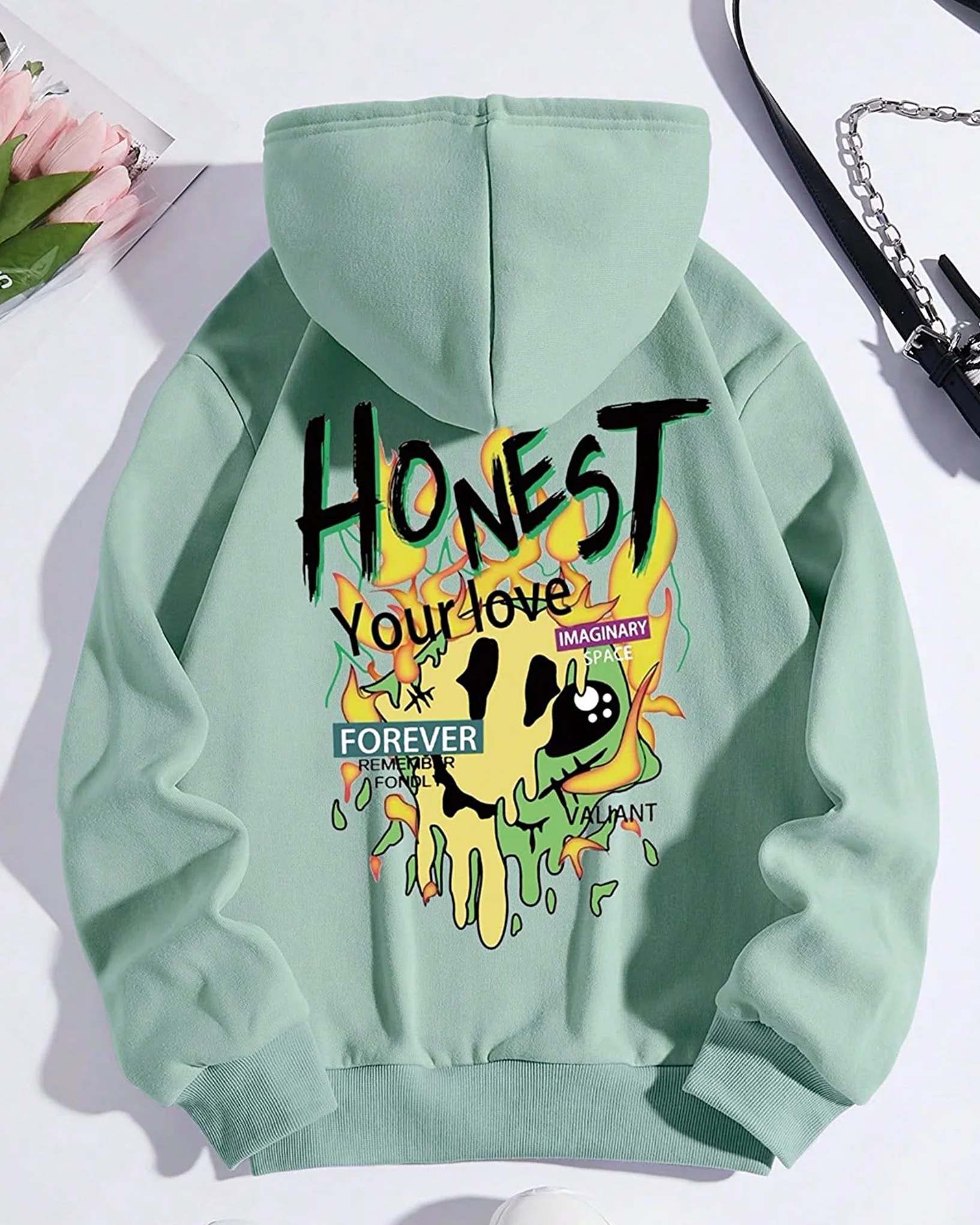 Imaginary Space Graphic Oversized Pullover Hood Pistachio