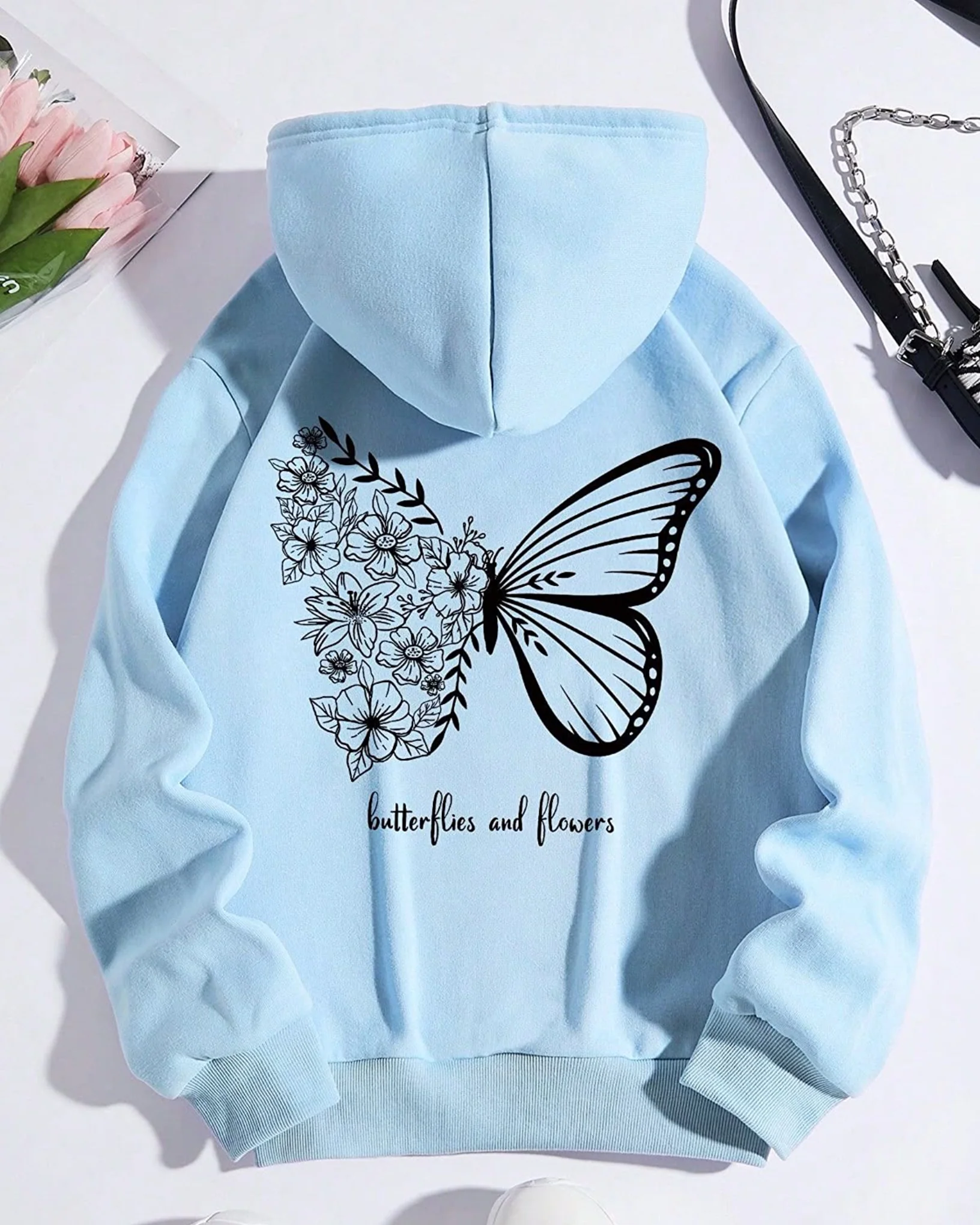 Butterflies & Flowers Graphic Oversized Pullover Hood Sky Blue