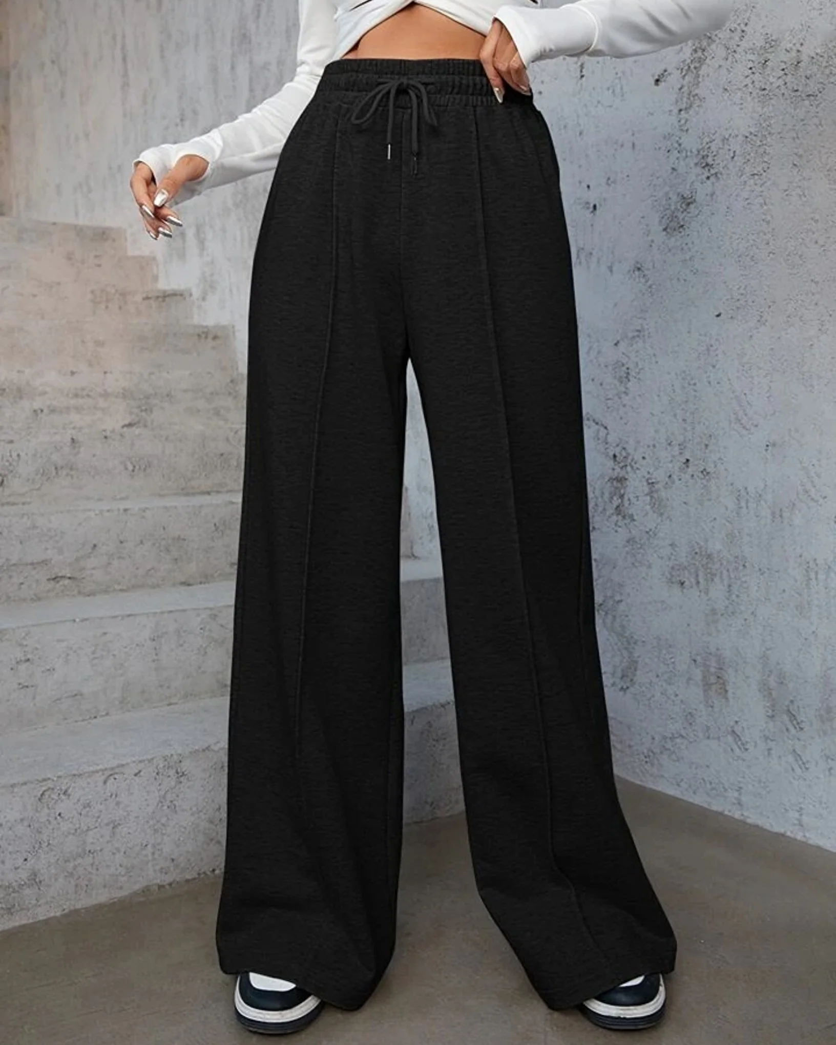 Mid Stripe Loose Bottom Palazzo Trouser Pant Black