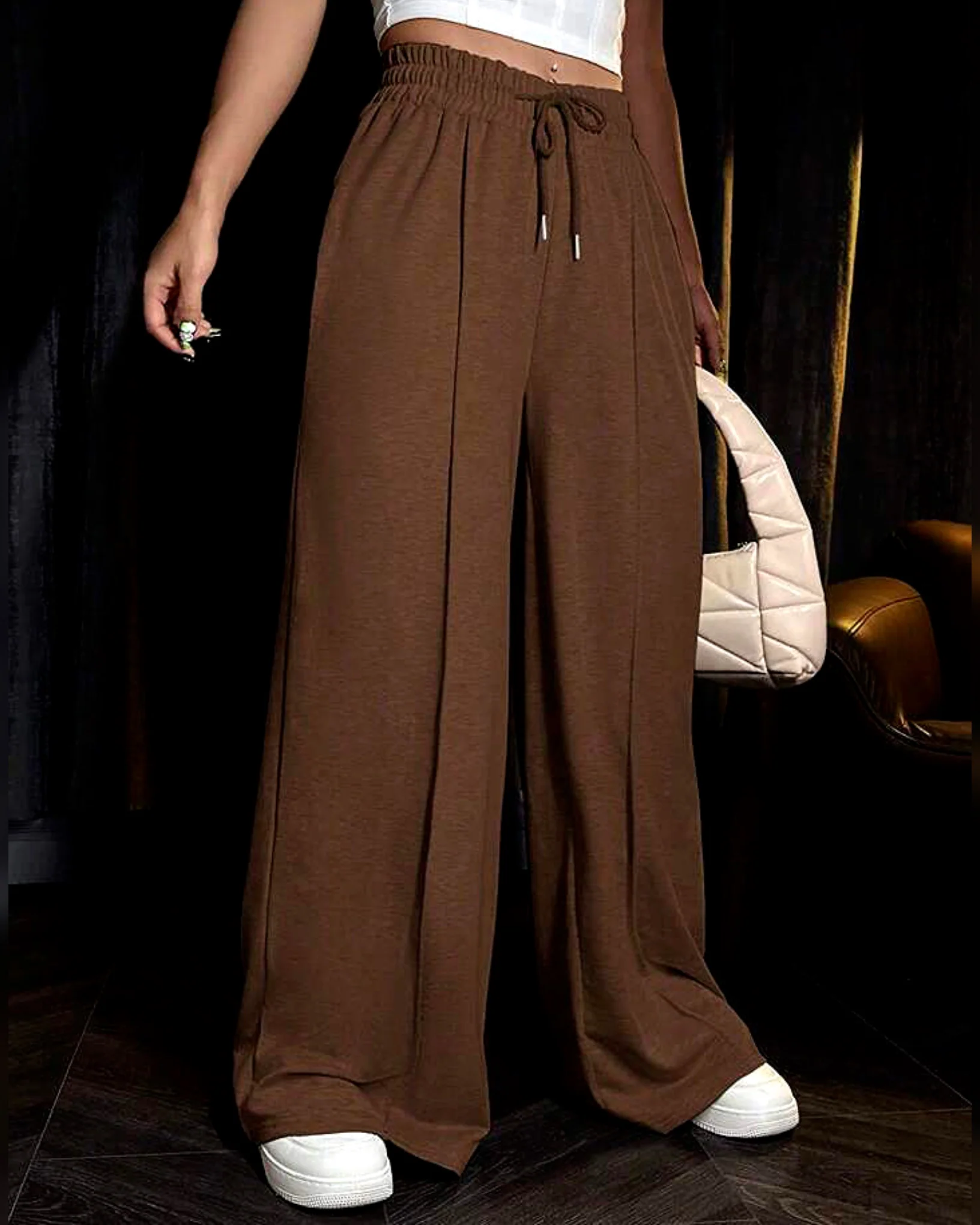 Mid Stripe Loose Bottom Palazzo Trouser Pant Brown