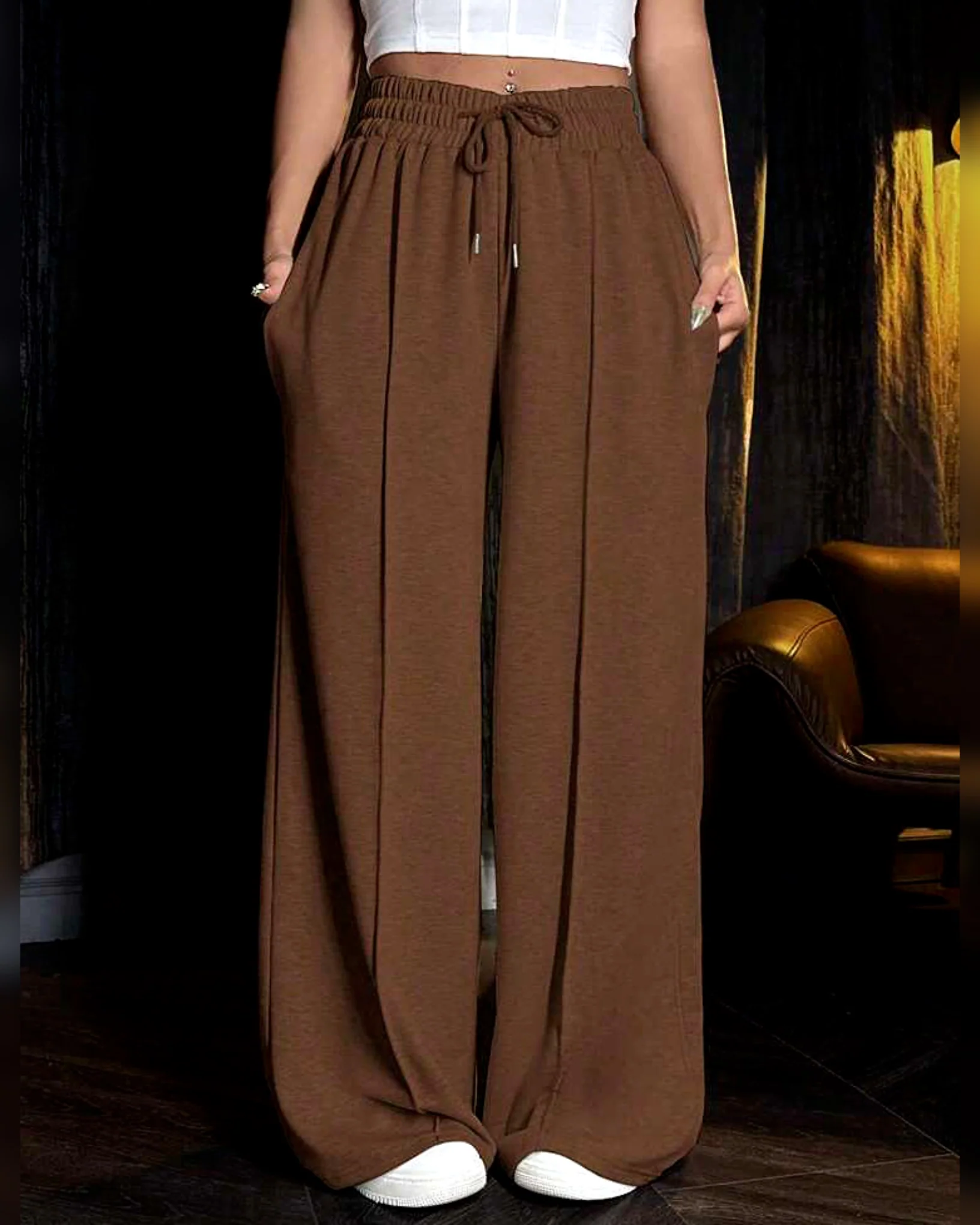 Mid Stripe Loose Bottom Palazzo Trouser Pant Brown - Image 2