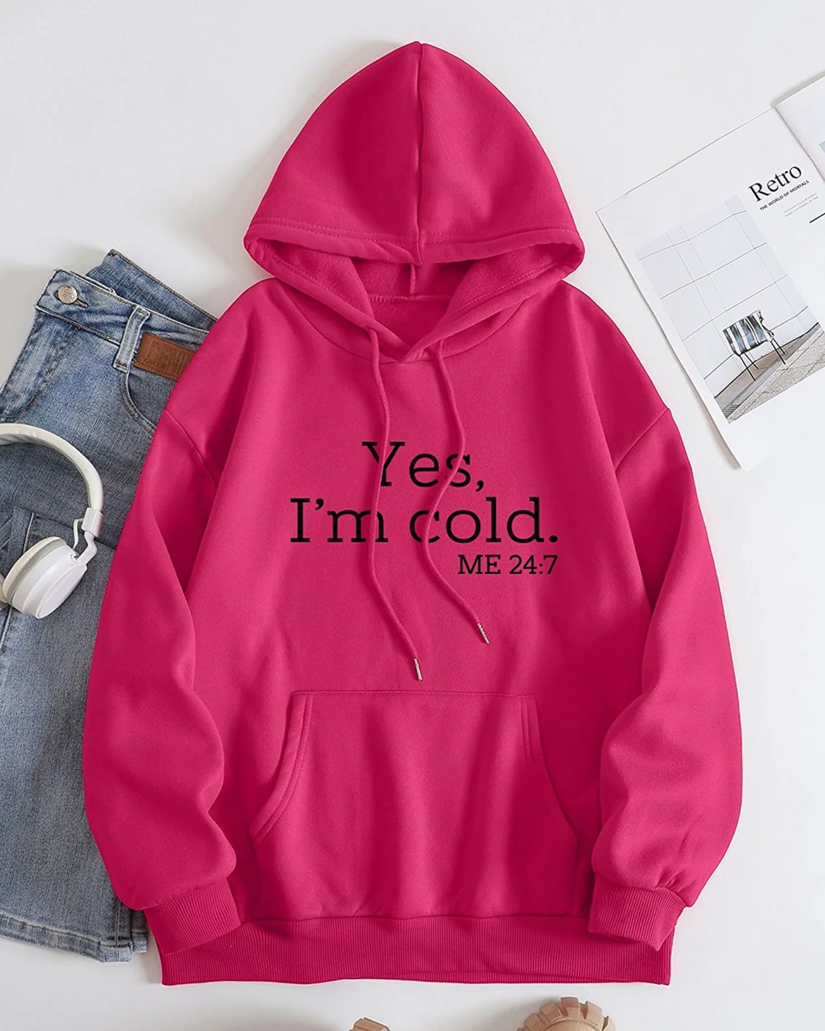 I’m Cold Graphic Oversized Pullover Hood Magenta - Image 2