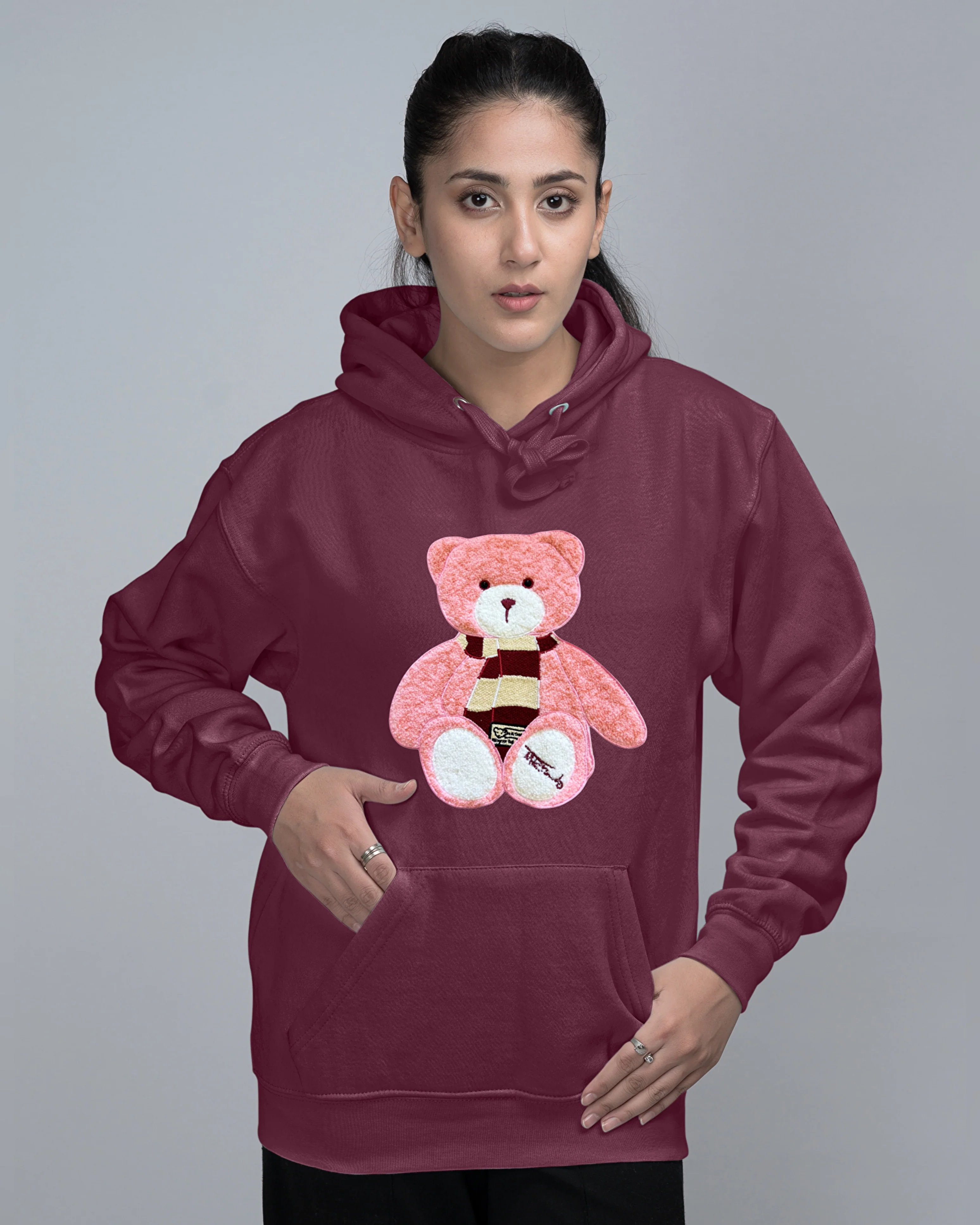 Pink Teddy Embroidered Patched Oversized Pullover Hood