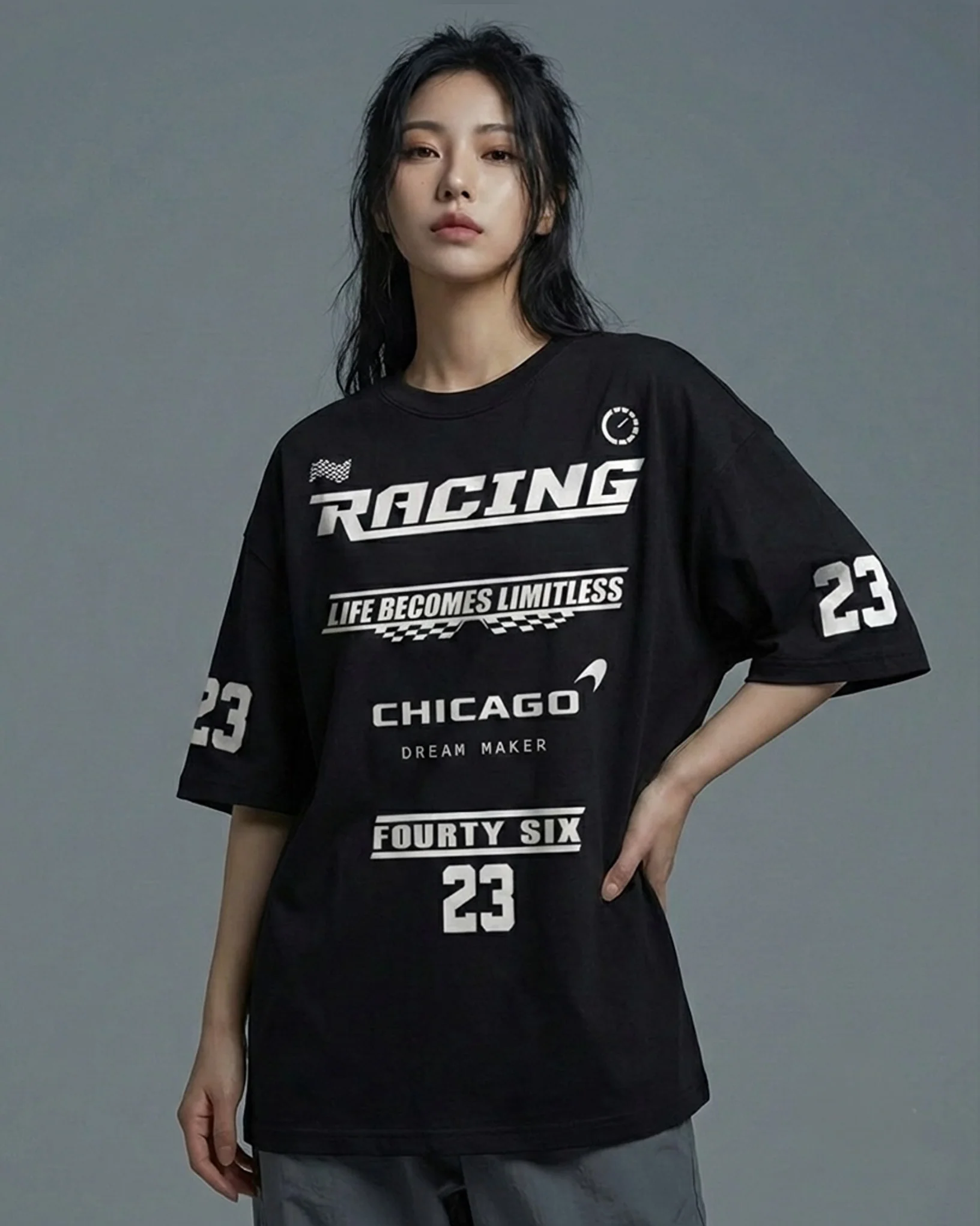 Team FR Dream Maker Chicago Graphic Drop Shoulder Oversized T-shirt Black