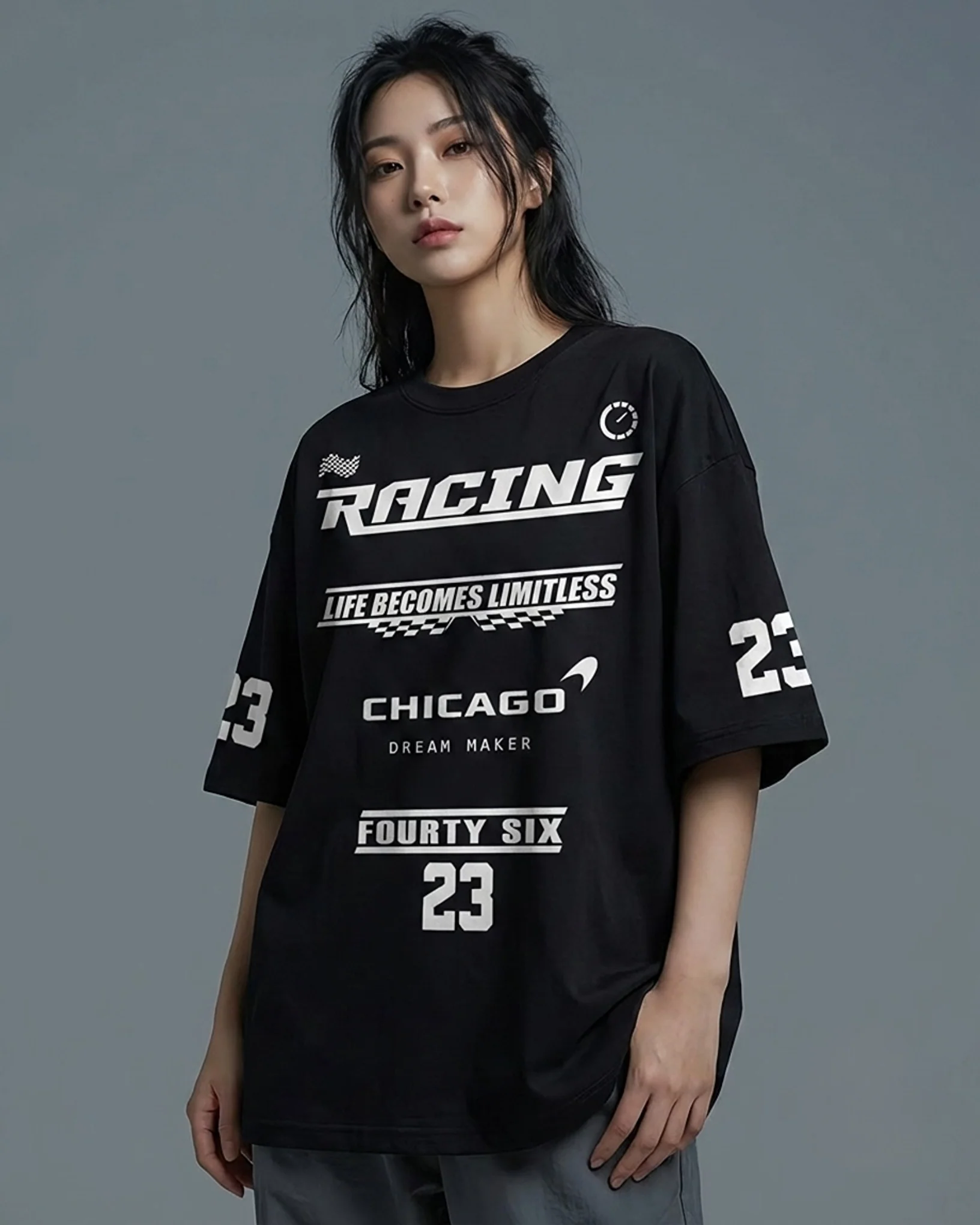 Team FR Dream Maker Chicago Graphic Drop Shoulder Oversized T-shirt Black - Image 2