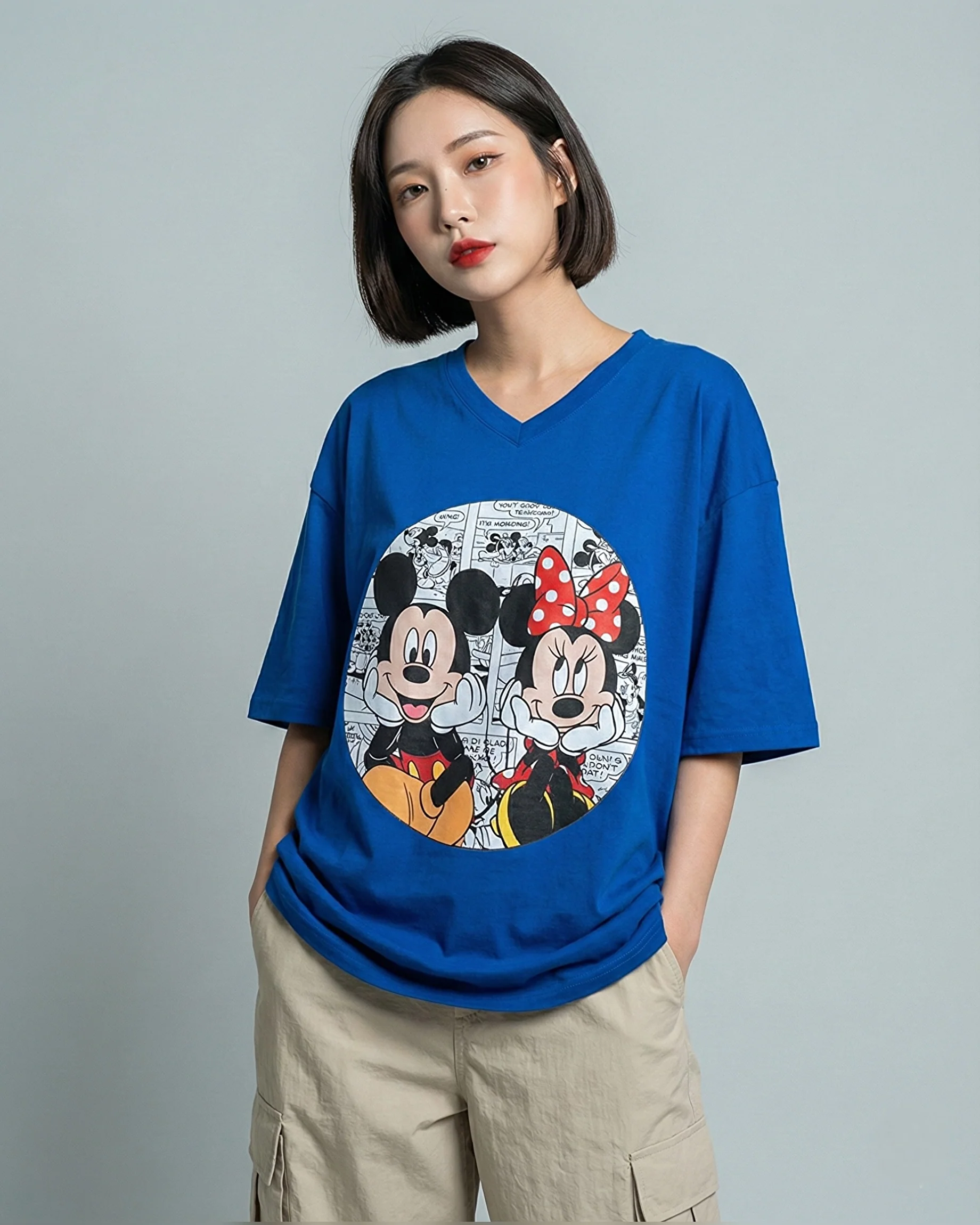 Disney Mickey Graphic Vneck Drop Shoulder Oversized Tee Blue