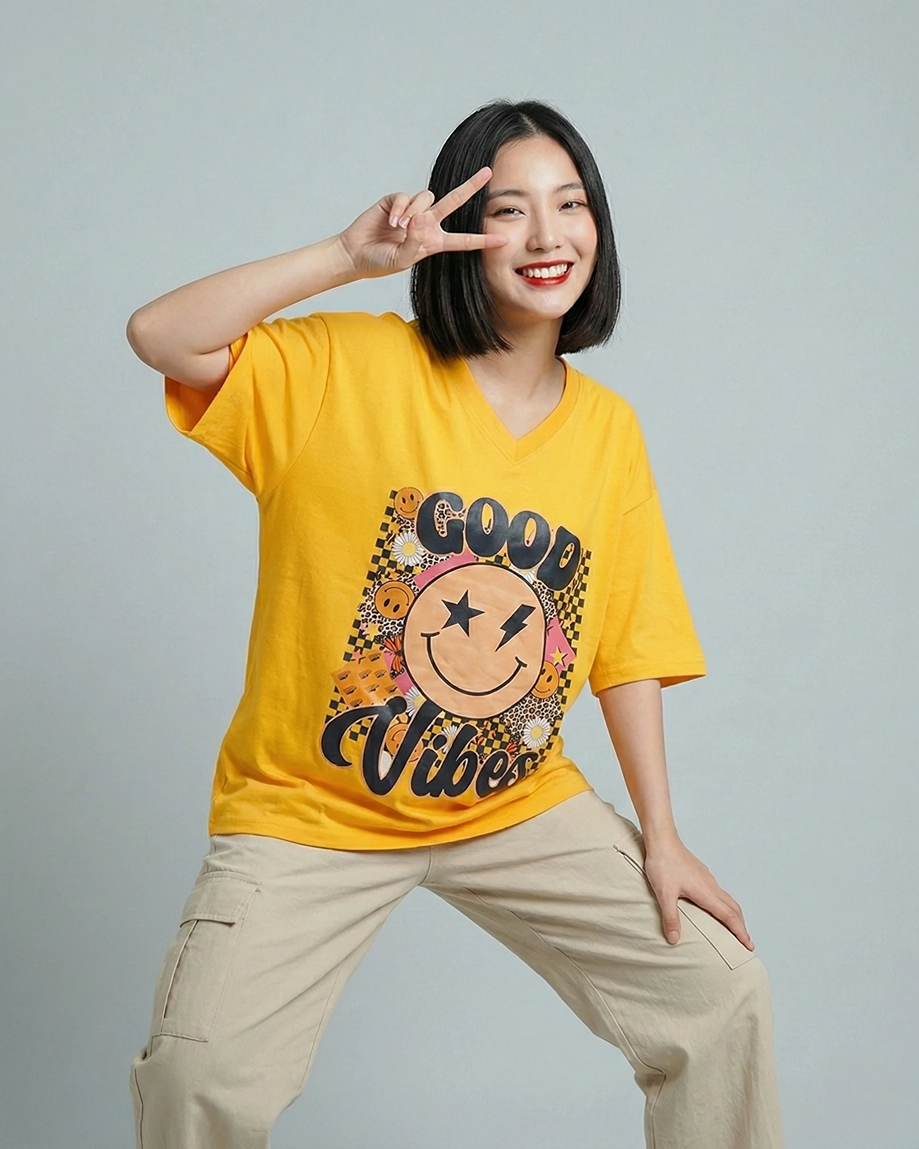 Good Vibes Graphic Vneck Drop Shoulder Oversized Tee Yellow - Image 2