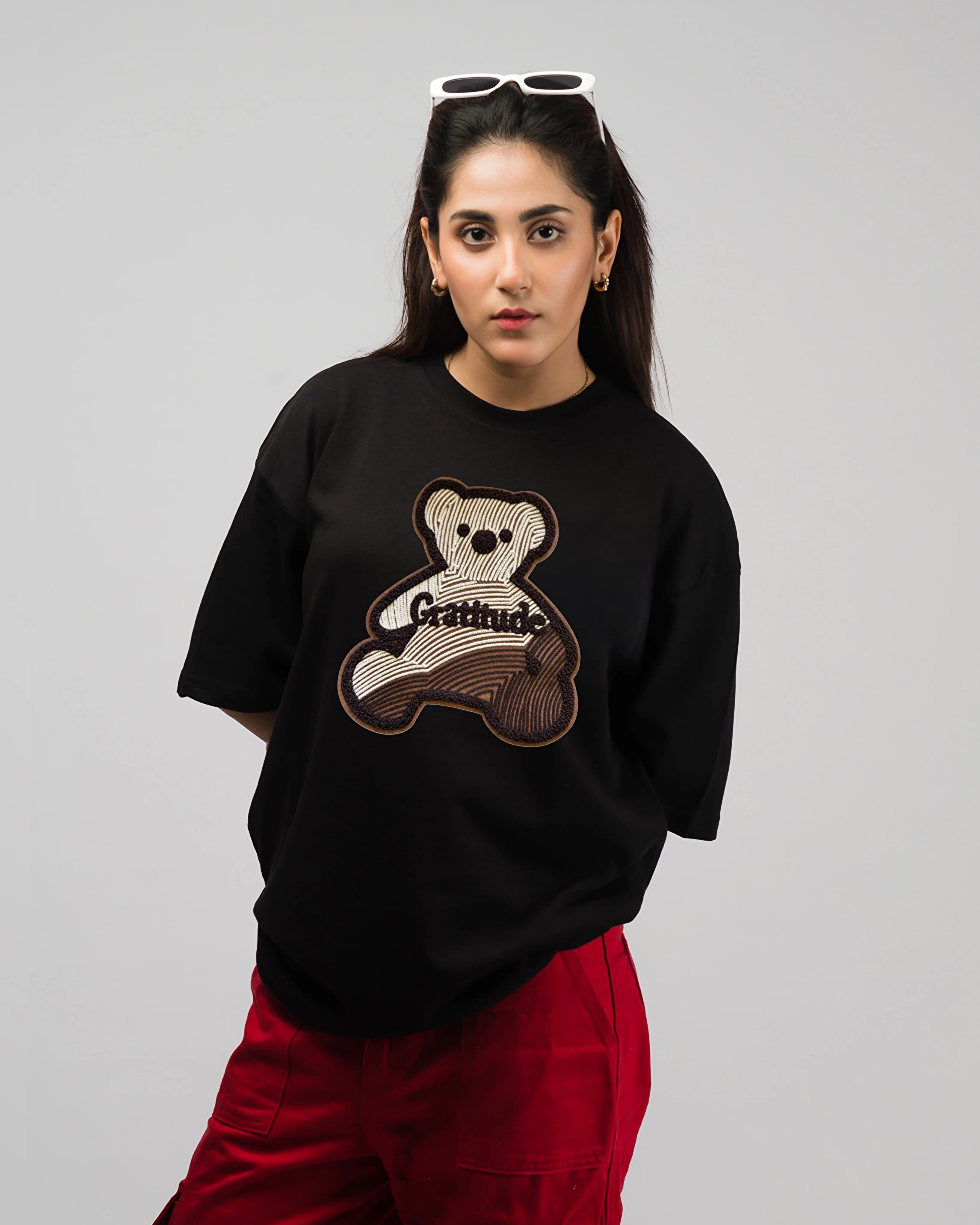 Gratitude Teddy Embroidered Patched Drop Shoulder Oversized Tee Black - Image 2