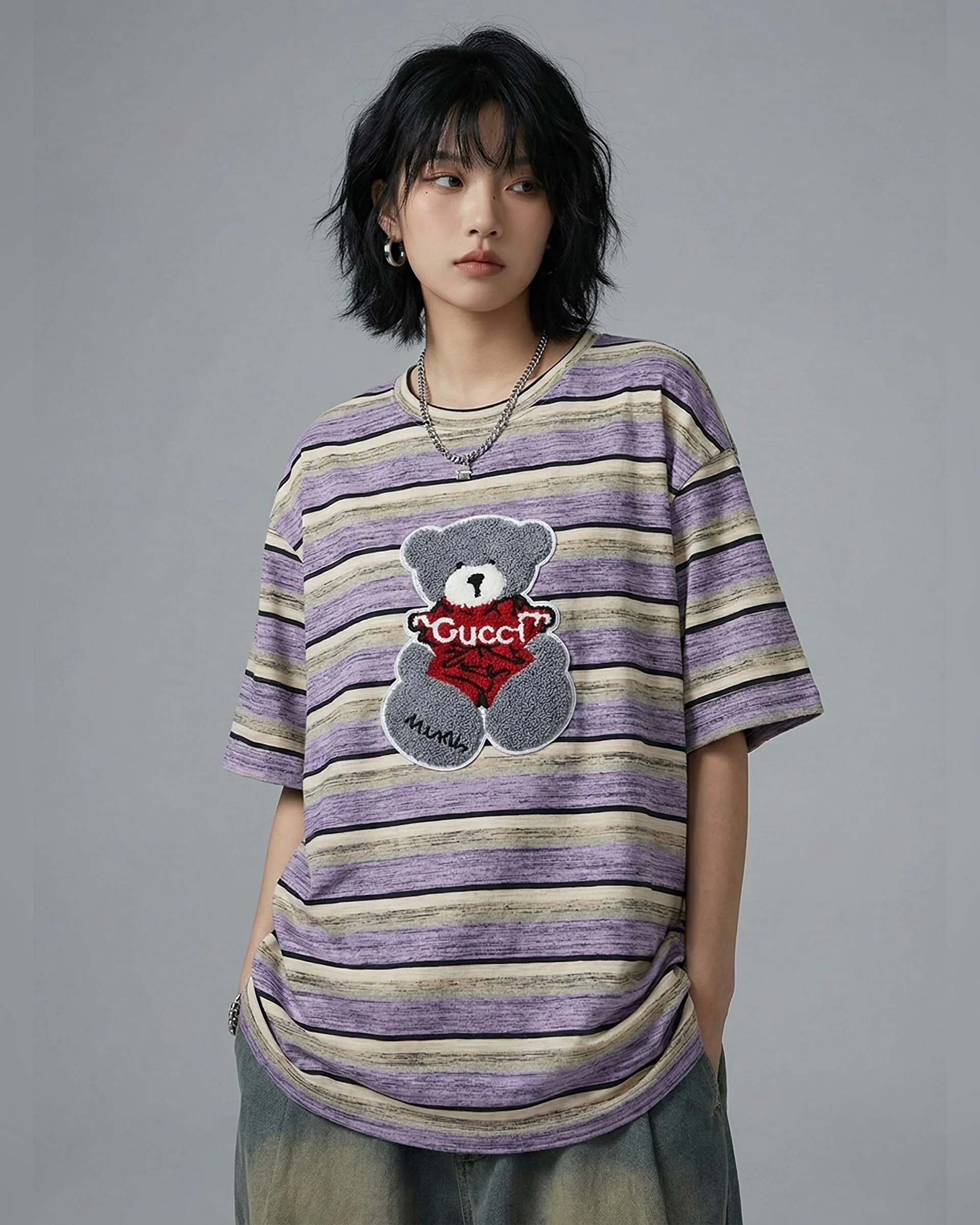 Gucci Bear Striped Embroidered Patched Oversized Tee