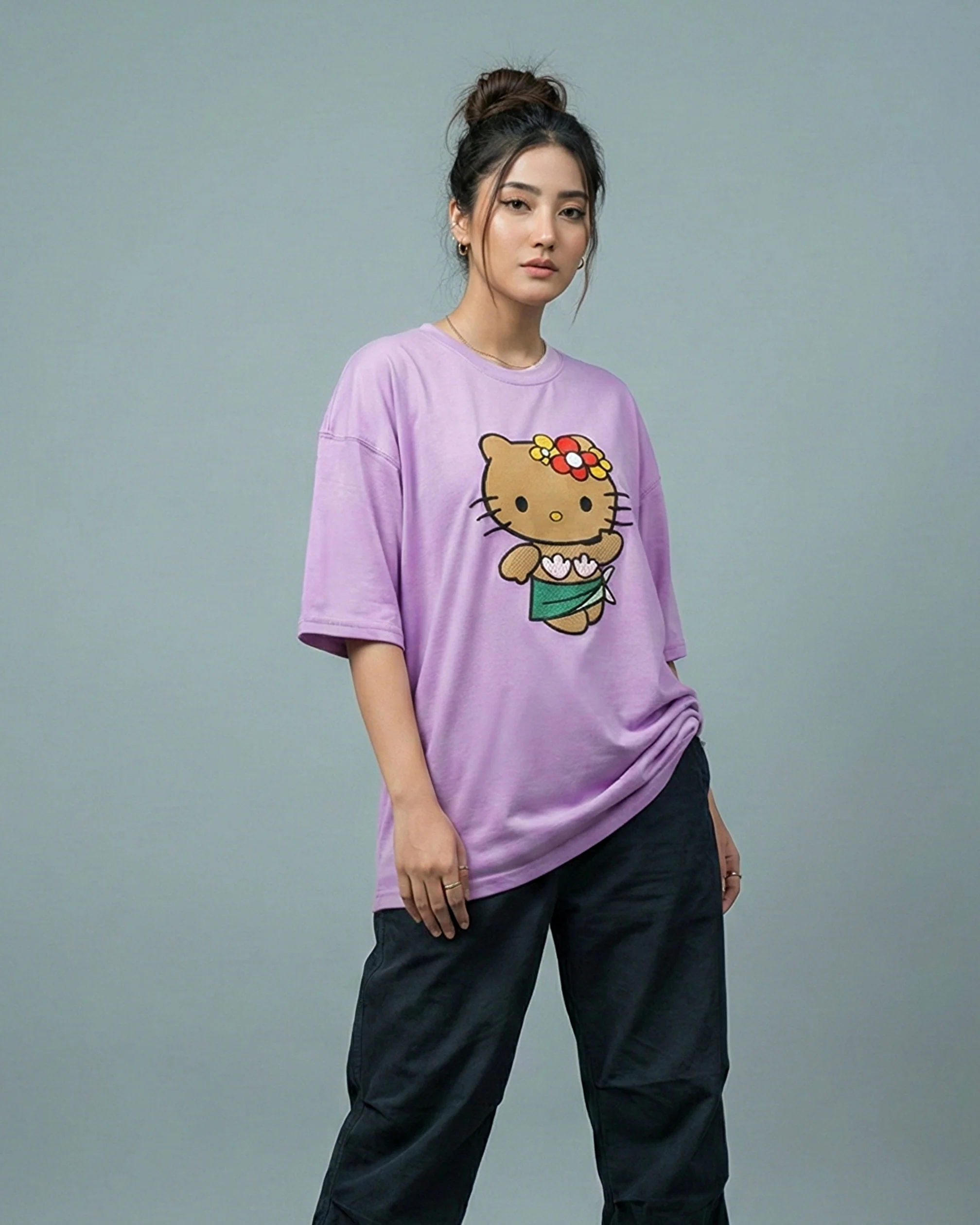 Hi Kitty Embroidered Patched Drop Shoulder Oversized Tee Lavender