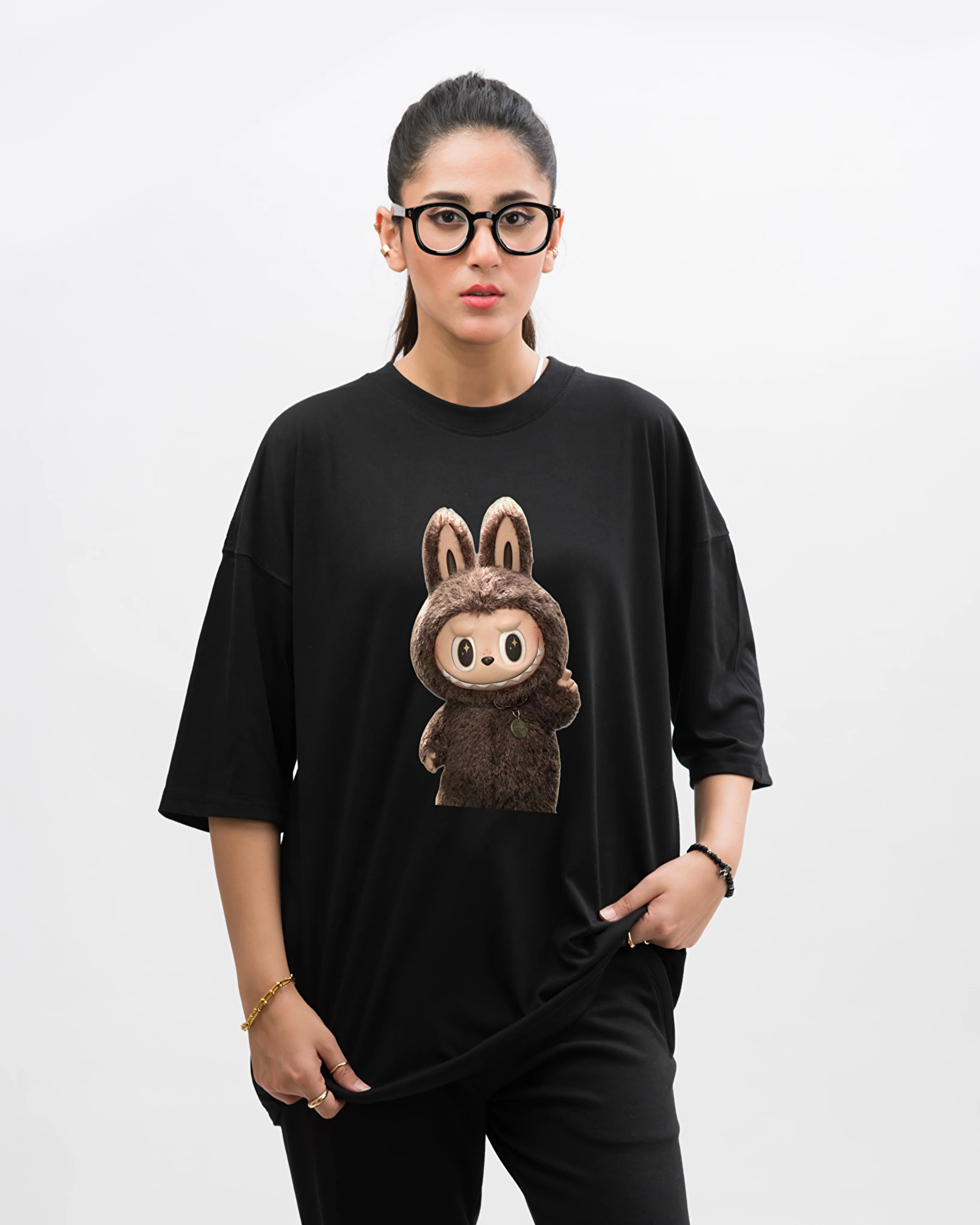 Hi Labubu Graphic Drop Shoulder Oversized Tee Black - Image 2
