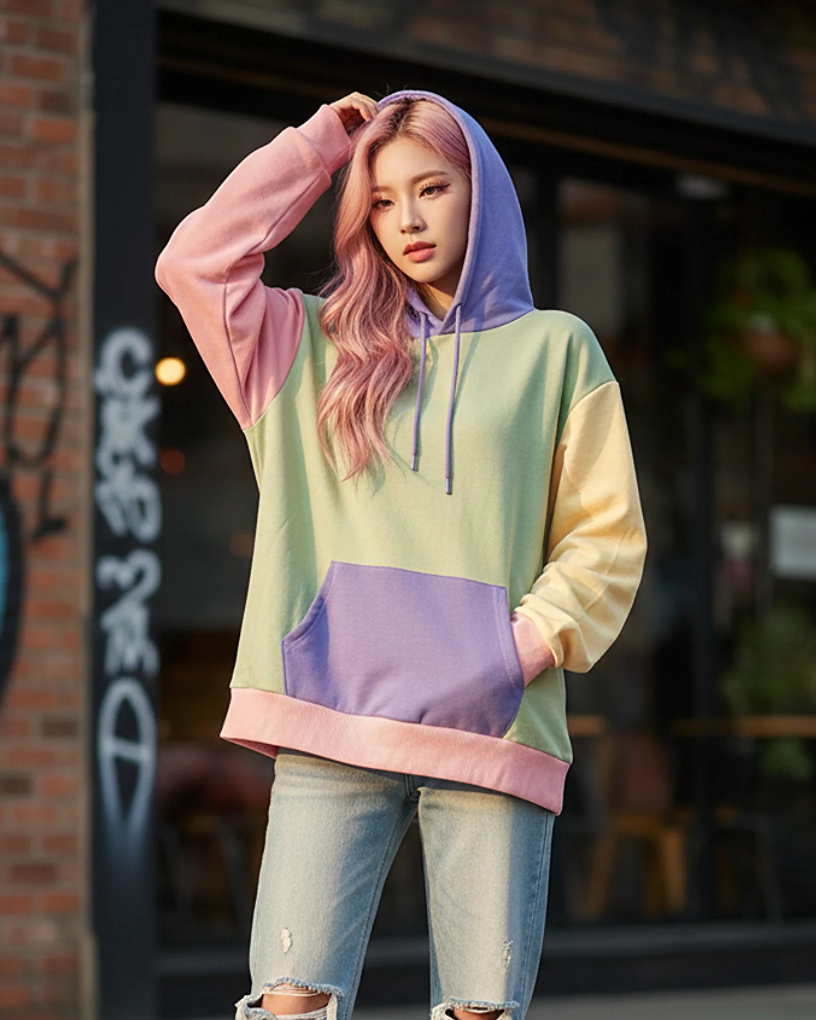 K Pop Pastel Colour Block Drop Shoulder Hoodie