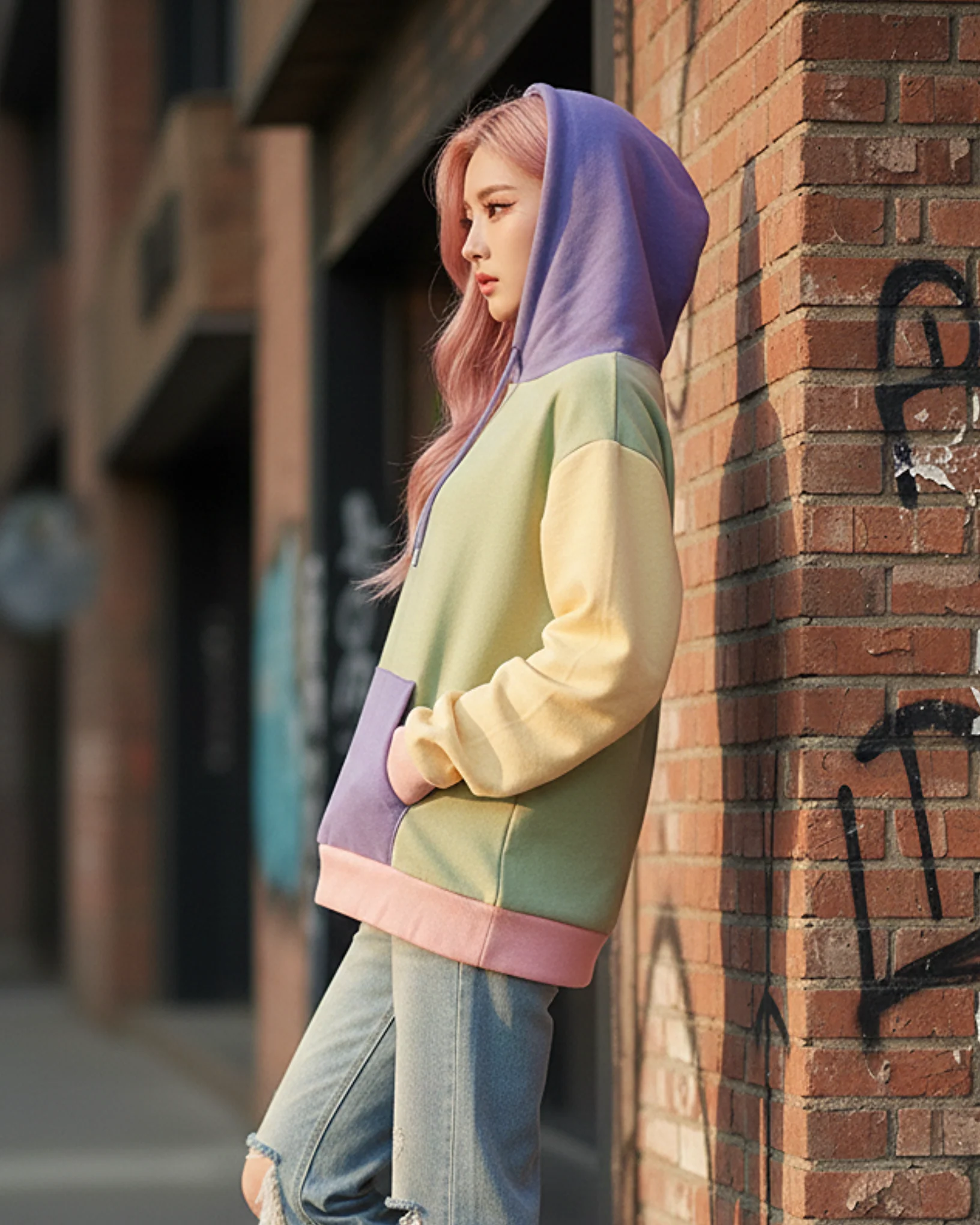 K Pop Pastel Colour Block Drop Shoulder Hoodie - Image 2