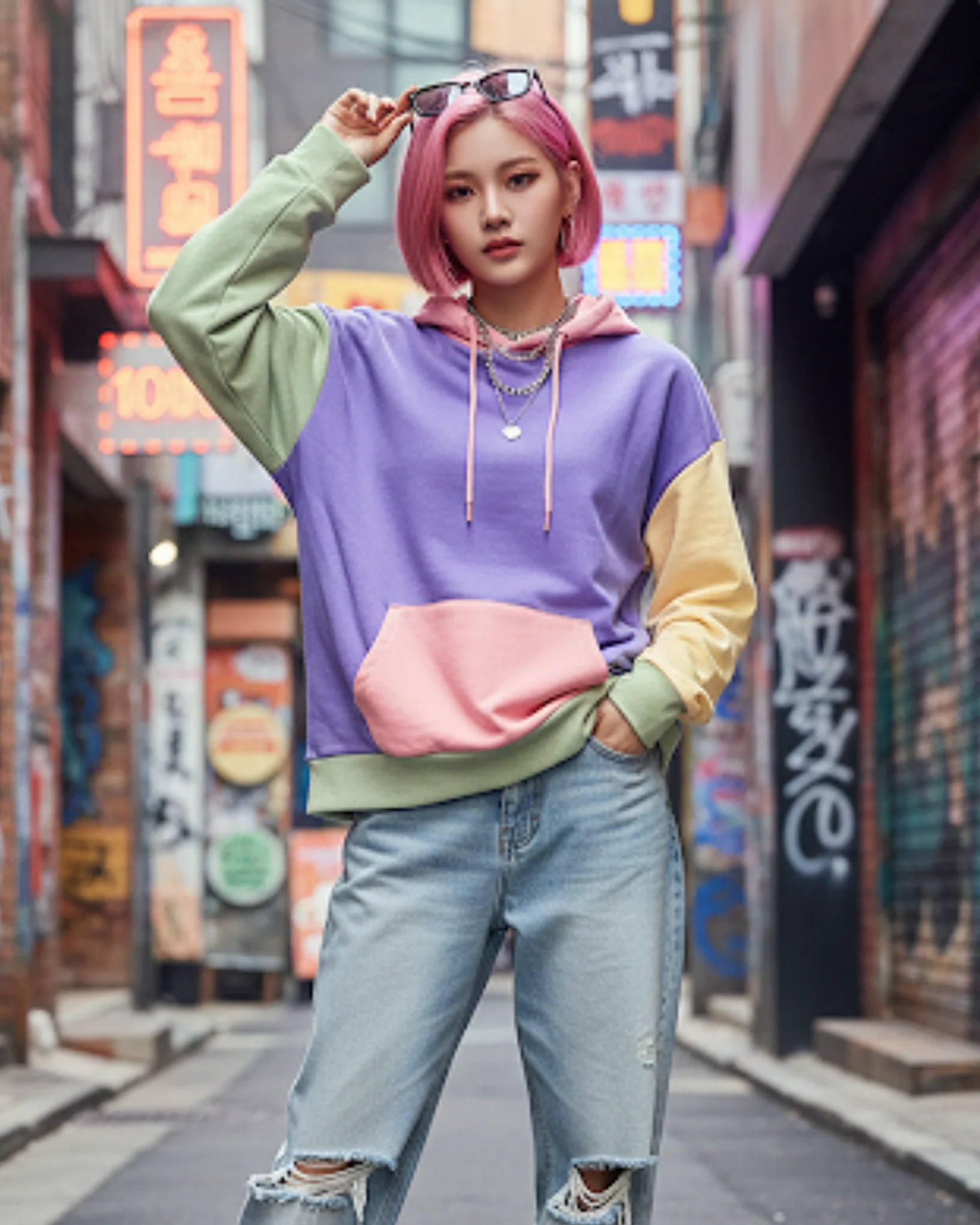 K Pop Pastel Colour Block Drop Shoulder Hoodie
