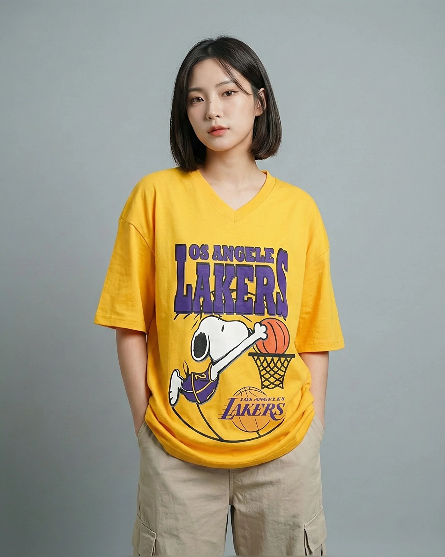 Lakers Graphic Vneck Drop Shoulder Oversized Tee Yellow