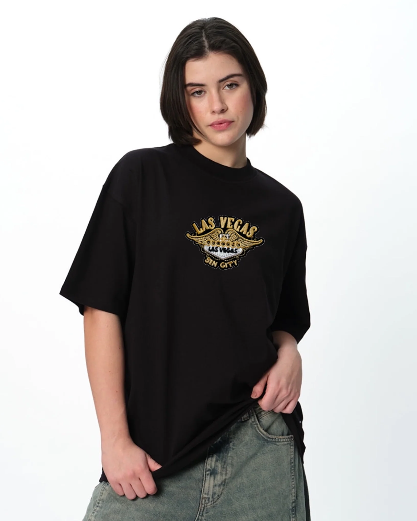 Las Vegas Embroidered Patched Drop Shoulder Oversized Tee Black - Image 2