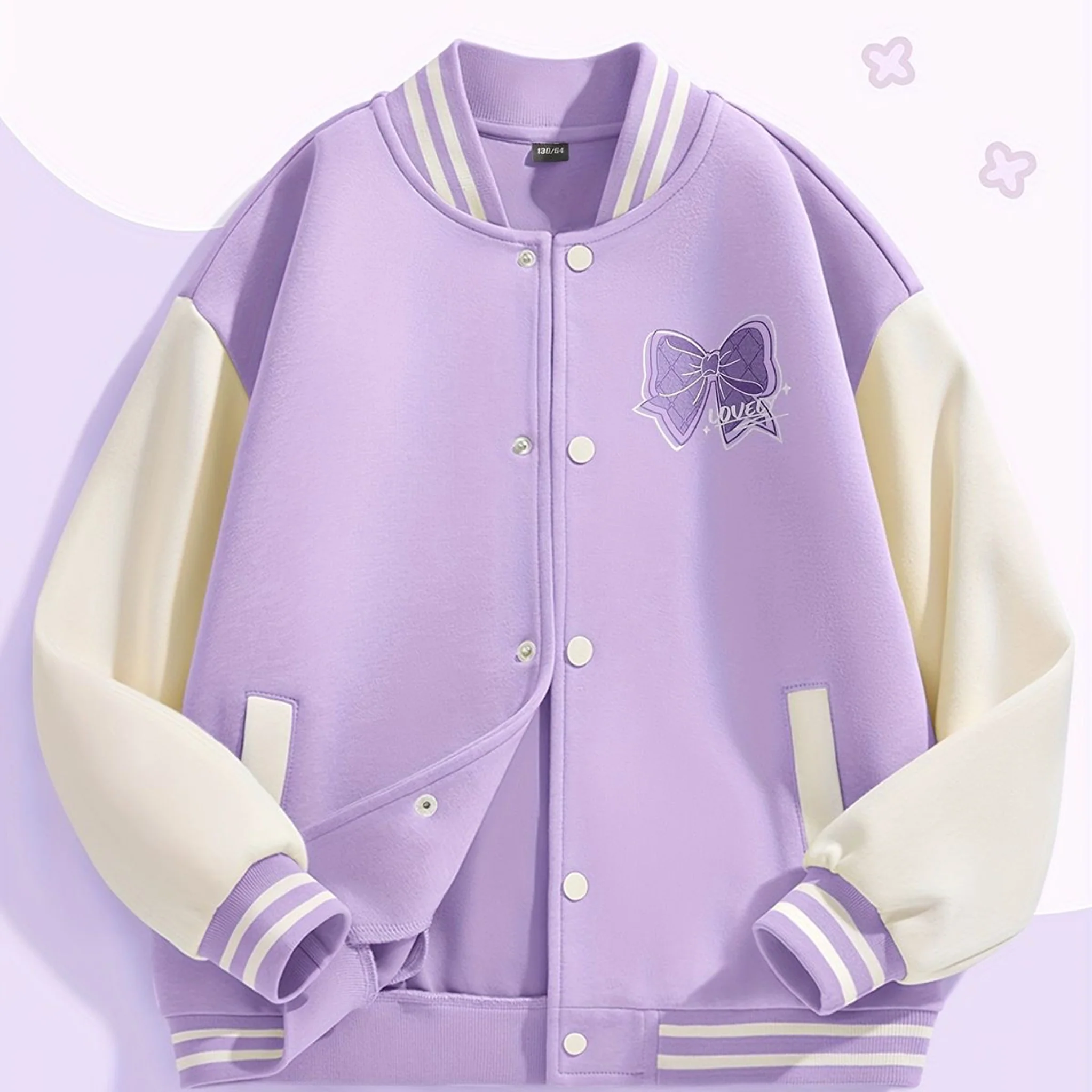 Lavender Graphic Button Down Baseball Varsity Bomber Jacket - Image 2