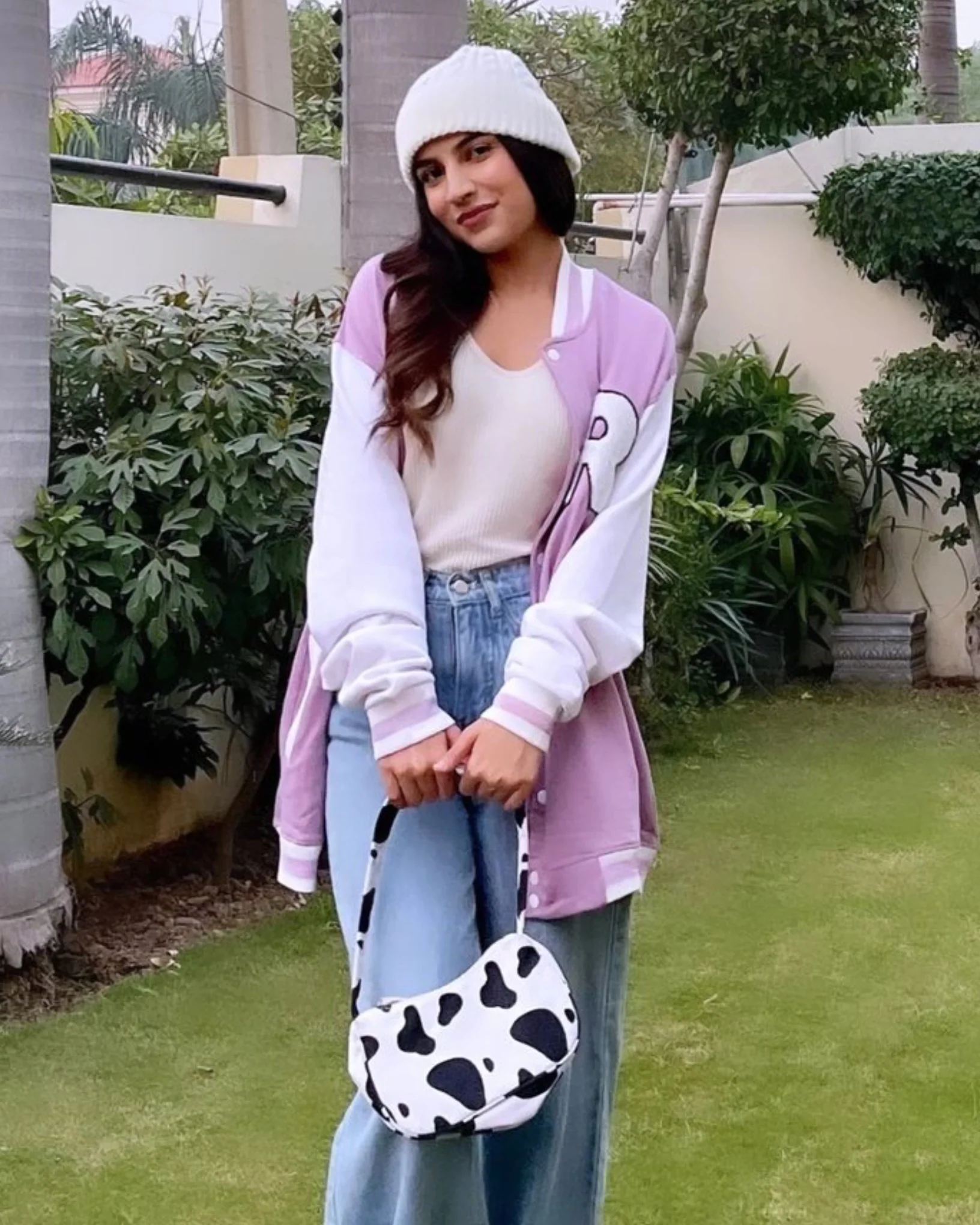 Lavender R Patched Button Down Baseball Varsity Bomber Jacket - Image 2