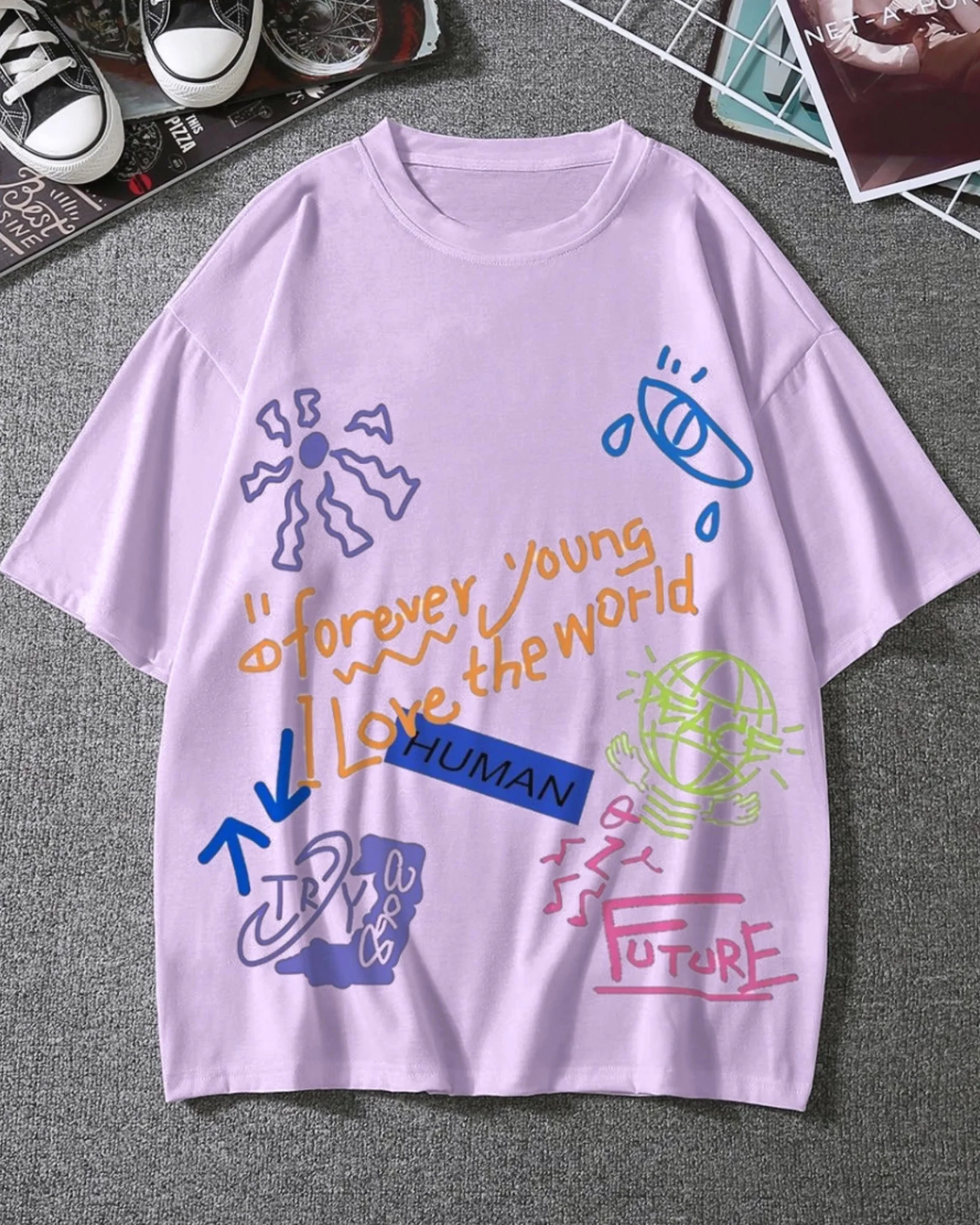 Love The World Graphic Drop Shoulder Oversized T-shirt Lavender - Image 2