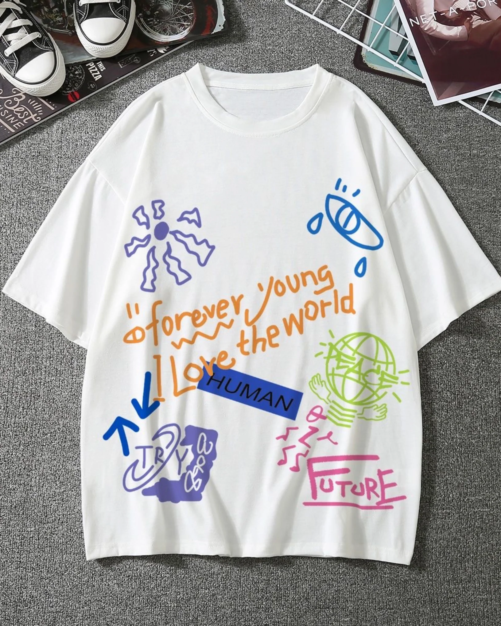 Love The World Graphic Drop Shoulder Oversized T-shirt White - Image 2