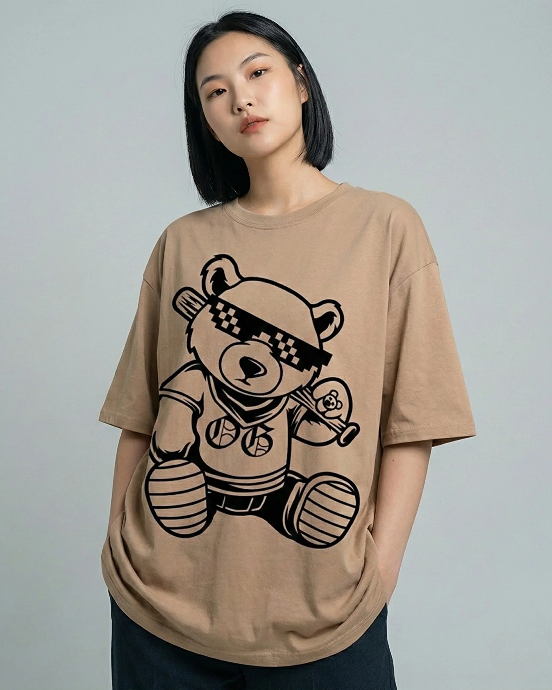 Mocha Bear Graphic Drop Shoulder Oversized Tee