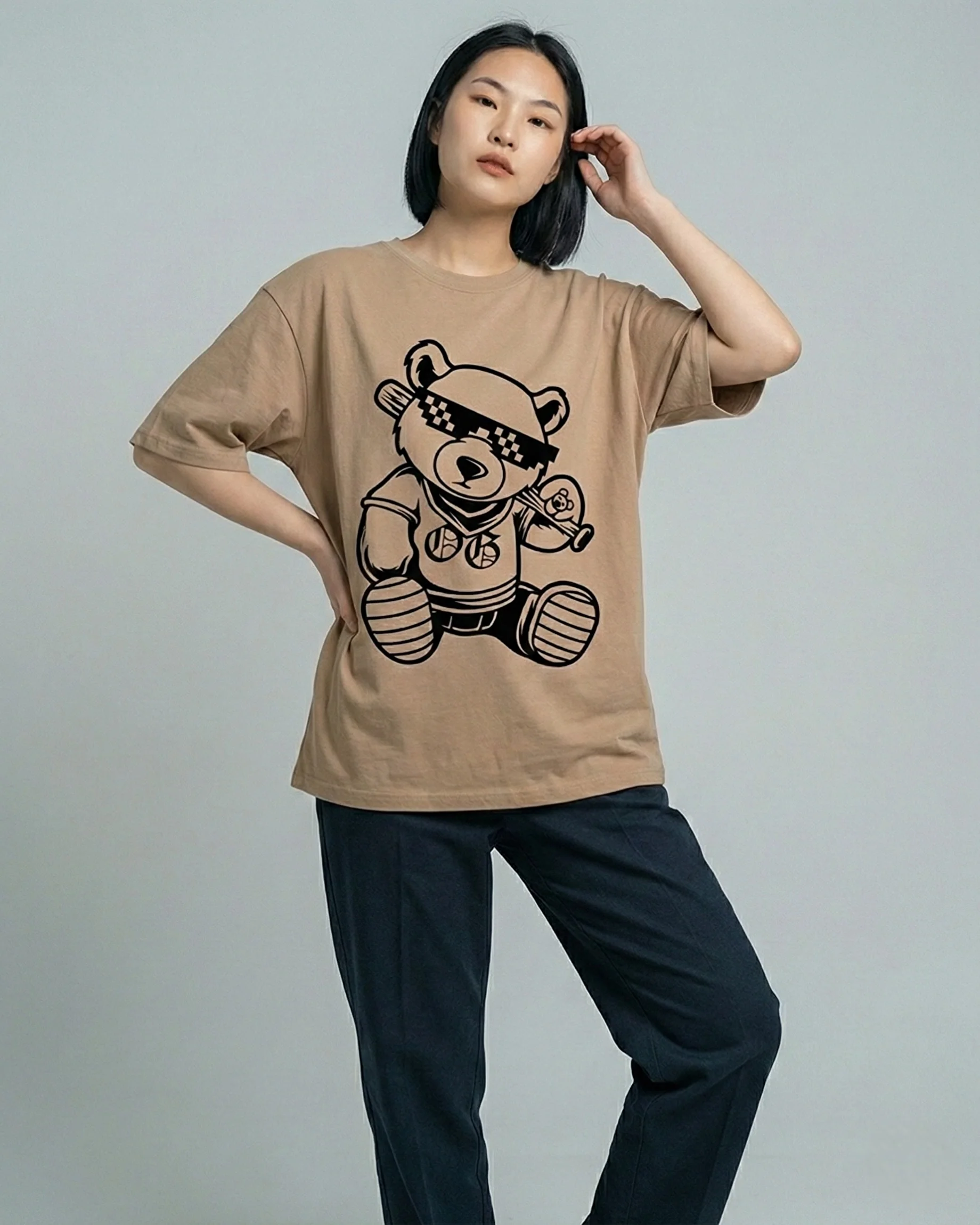 Mocha Bear Graphic Drop Shoulder Oversized Tee - Image 2