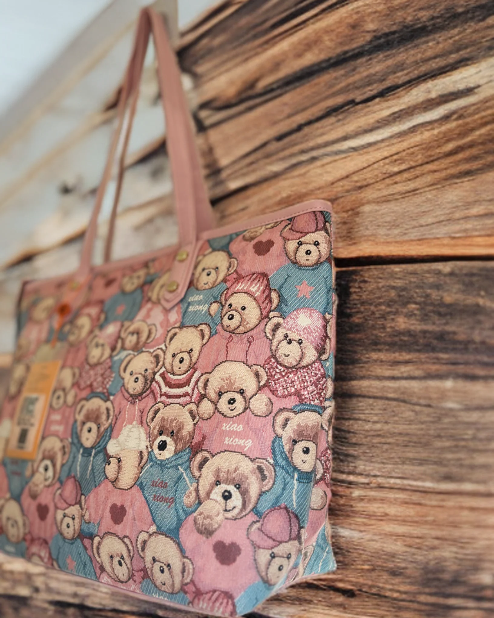 Pink Bear Pattern PU Leather Tote Hand Bag - Image 3