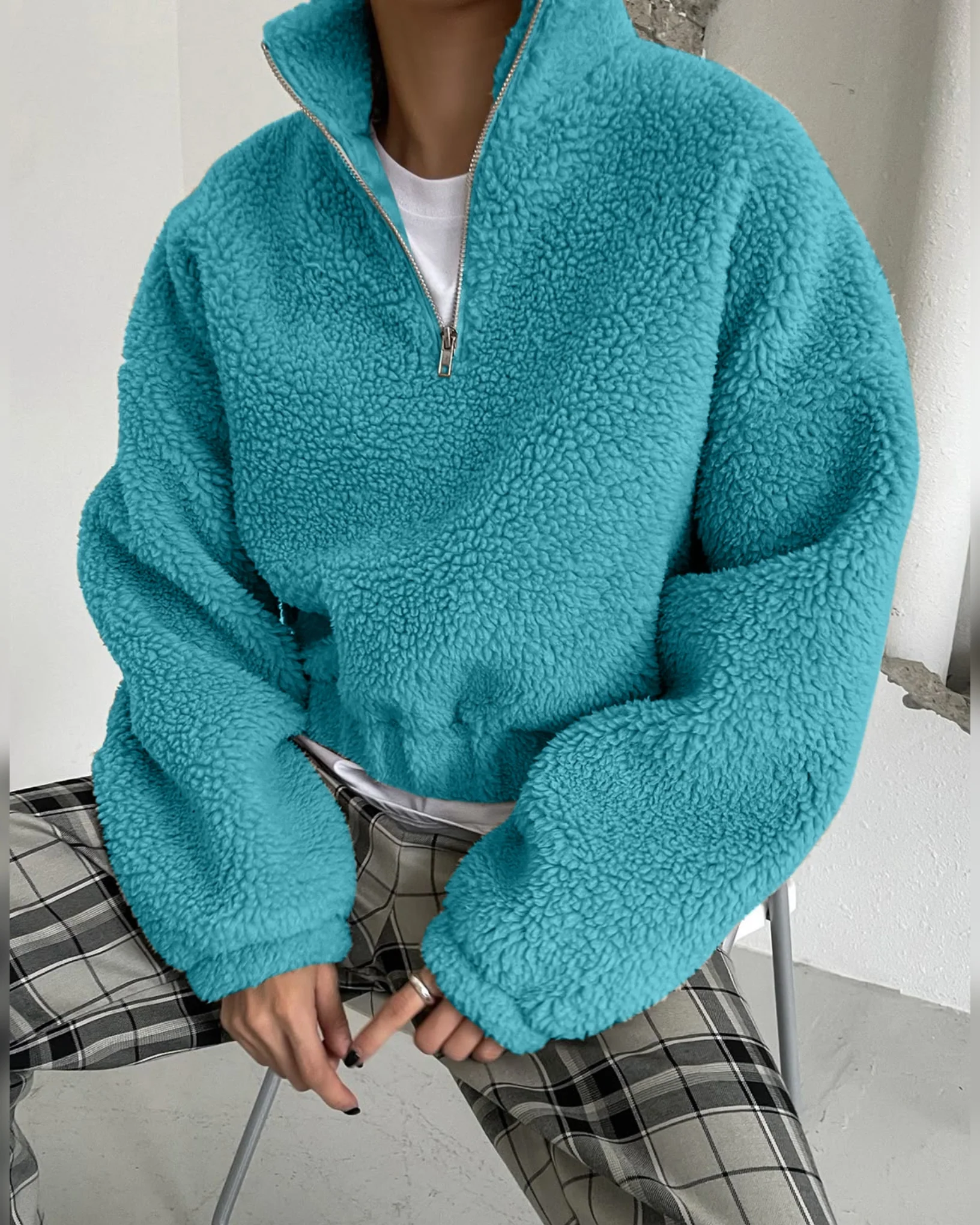 Polar Fleece Half Zip Mockneck Sweater Blue - Image 2