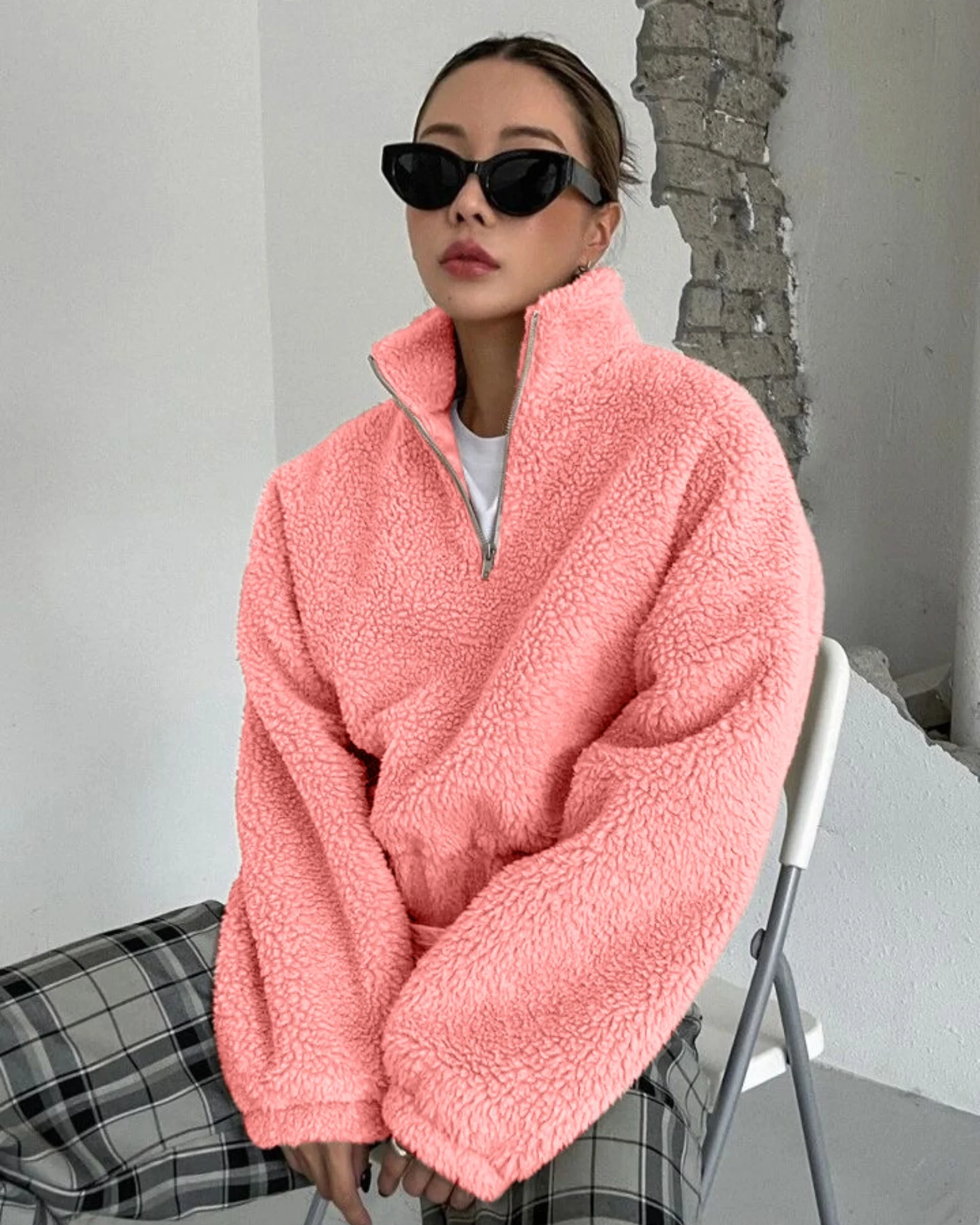 Polar Fleece Half Zip Mockneck Sweater Peach