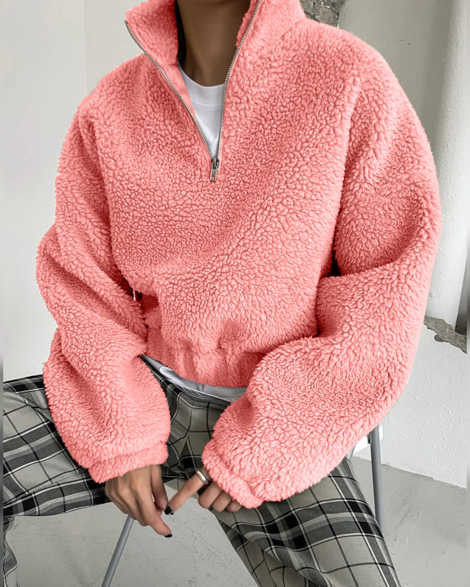 Polar Fleece Half Zip Mockneck Sweater Peach - Image 2