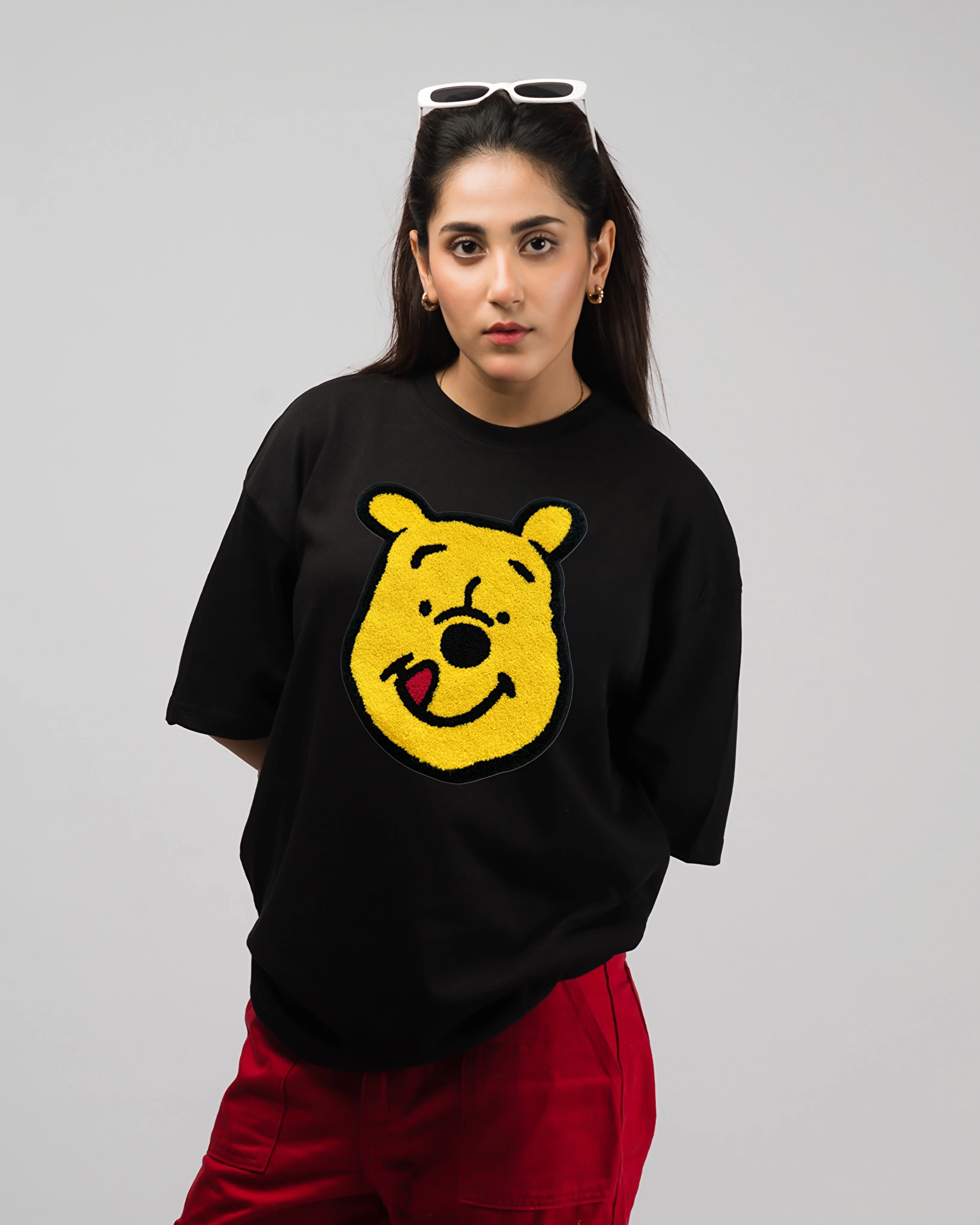 Pooh Embroidered Patched Drop Shoulder Oversized Tee Black