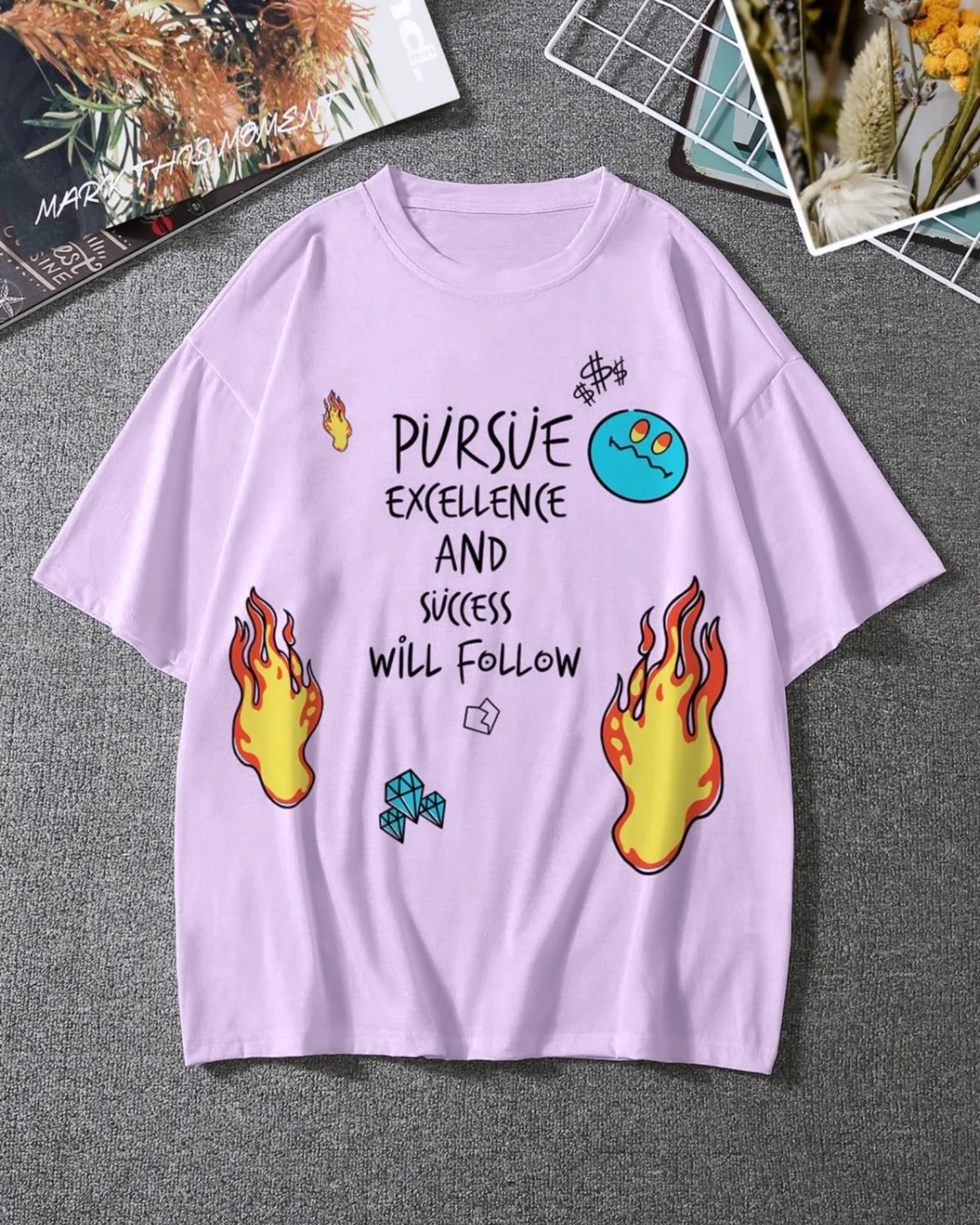 Pursue Excellence Graphic Drop Shoulder Oversized T-shirt Lavender - Image 2