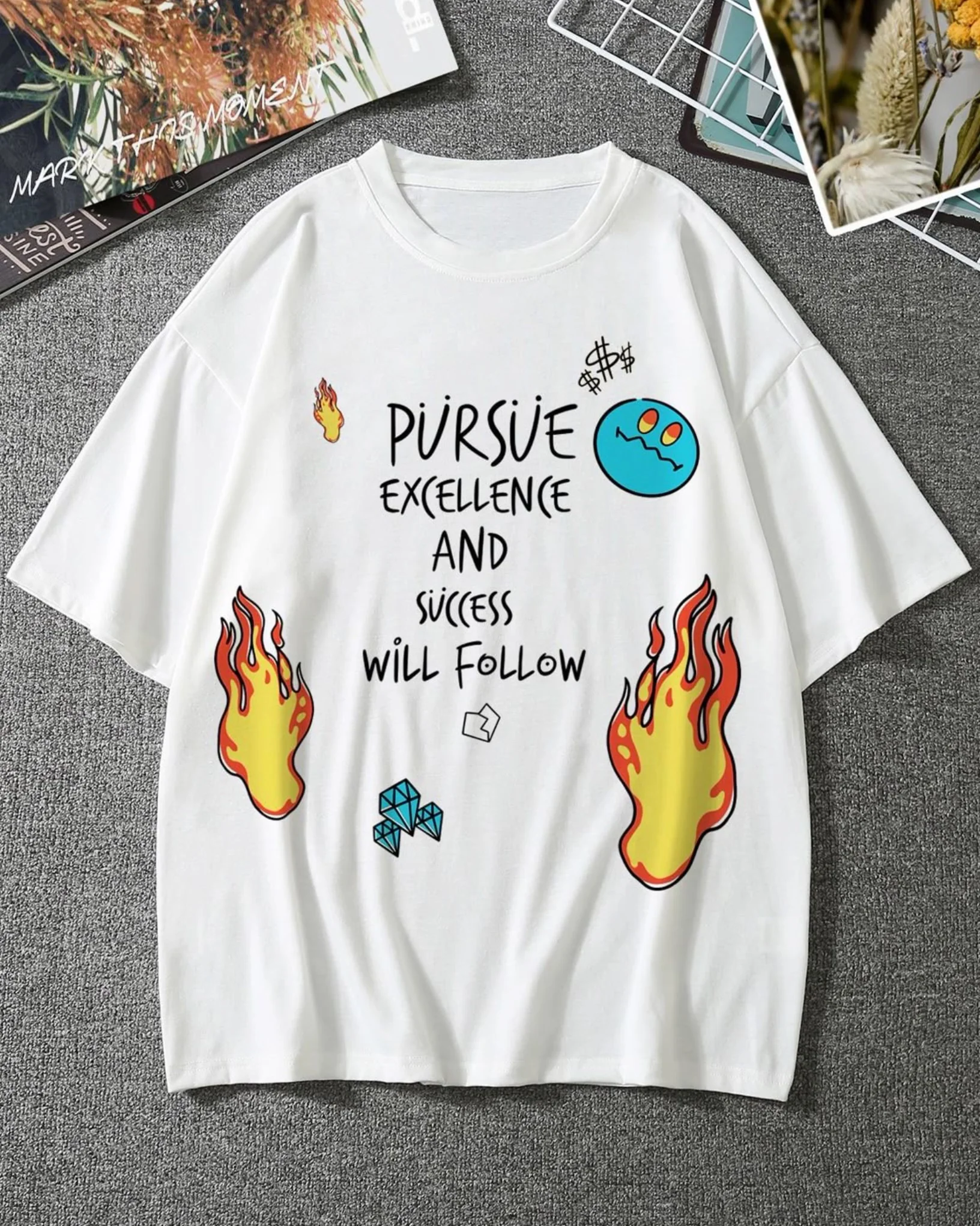 Pursue Excellence Graphic Drop Shoulder Oversized T-shirt White