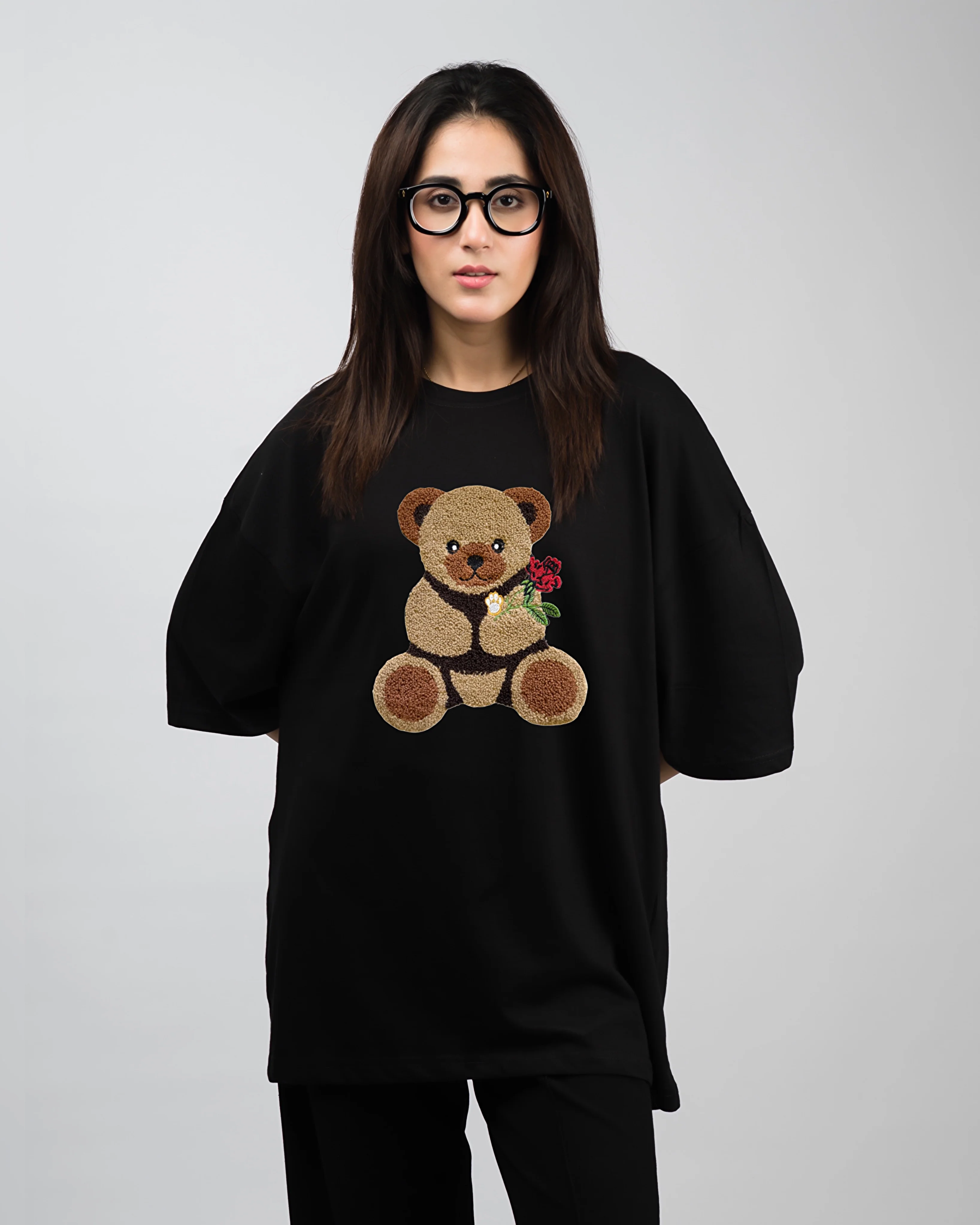 Rose Bear Embroidered Patched Drop Shoulder Oversized Tee Black - Image 2