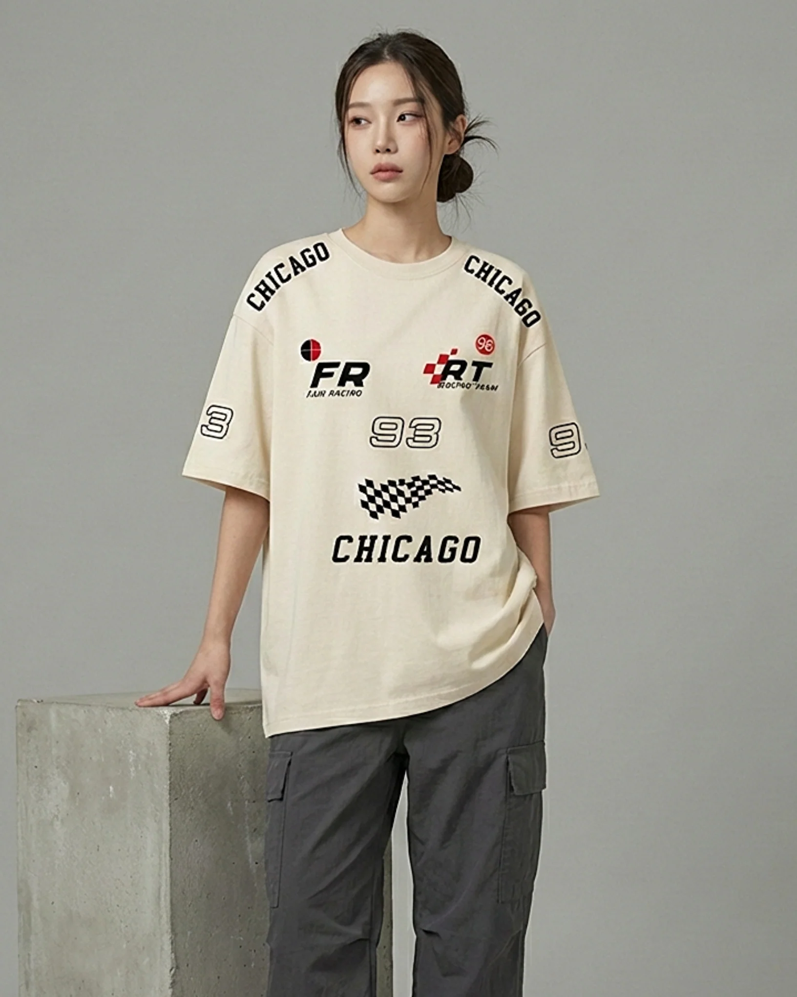 Team FR Chicago Graphic Drop Shoulder Oversized T-shirt Beige - Image 3