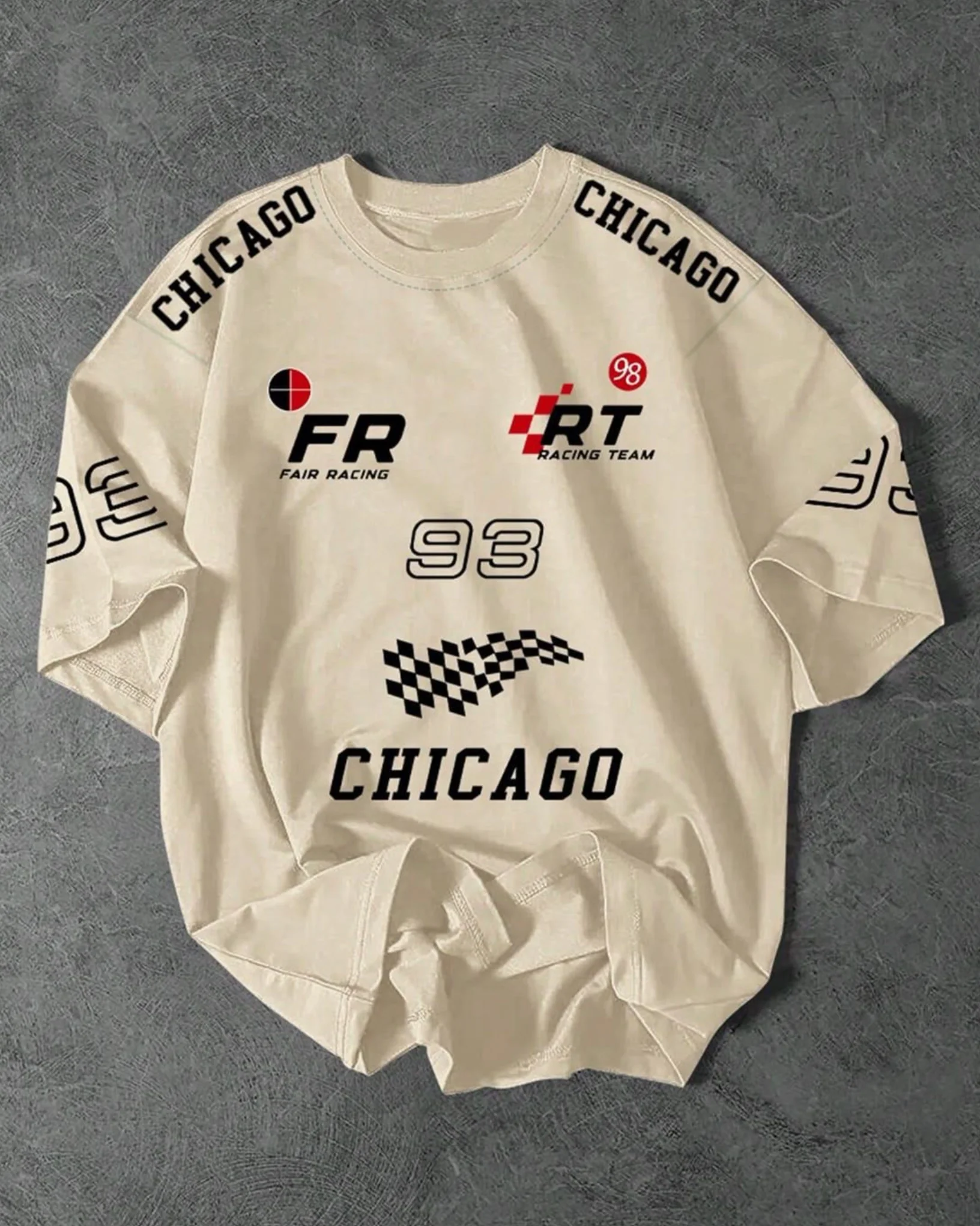 Team FR Chicago Graphic Drop Shoulder Oversized T-shirt Beige - Image 4